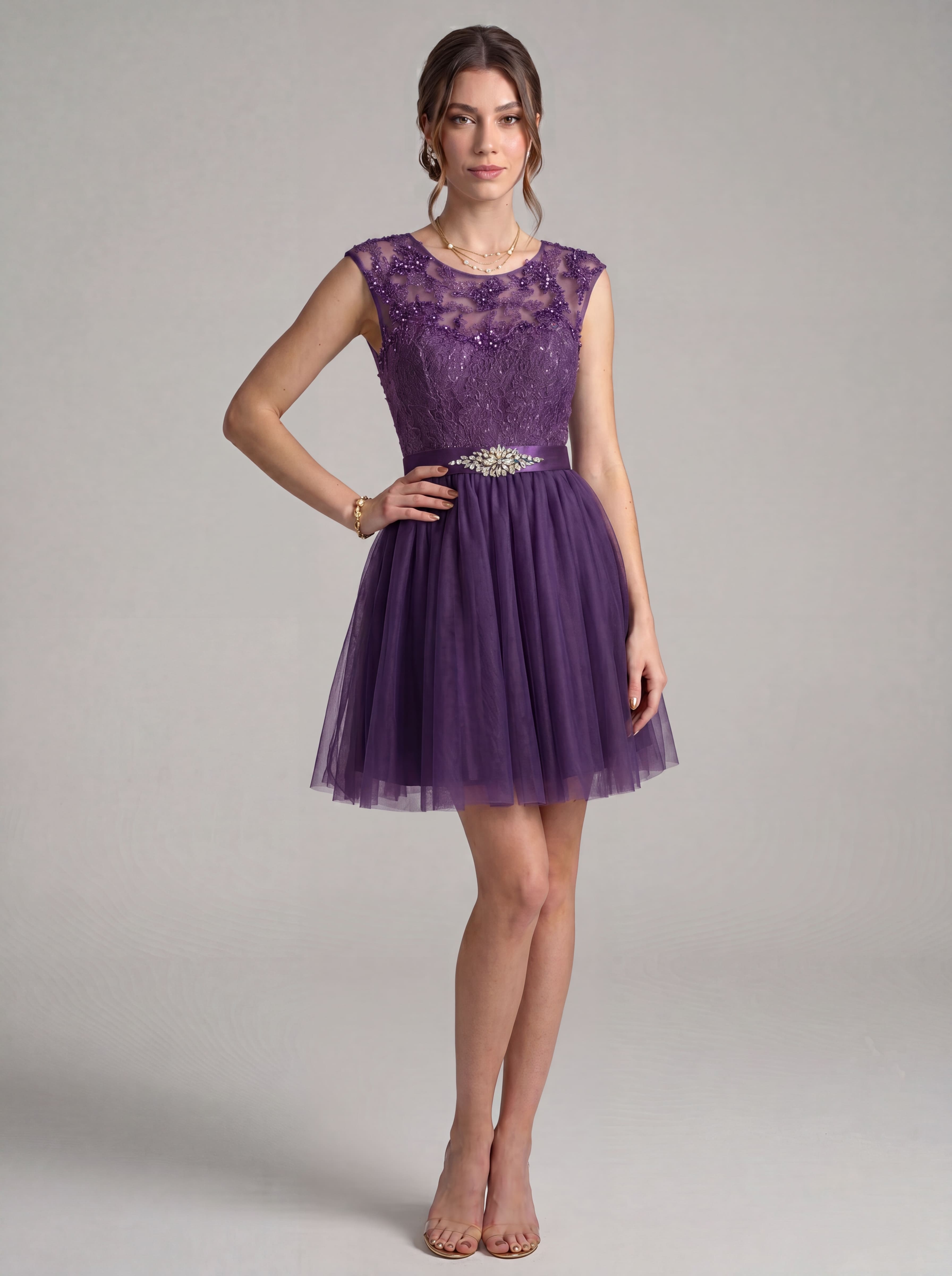 Elegant Short Homecoming Dress - Illusion Lace Tulle A-Line Cocktail Gown with Rhinestone Belt for Prom & Graduation