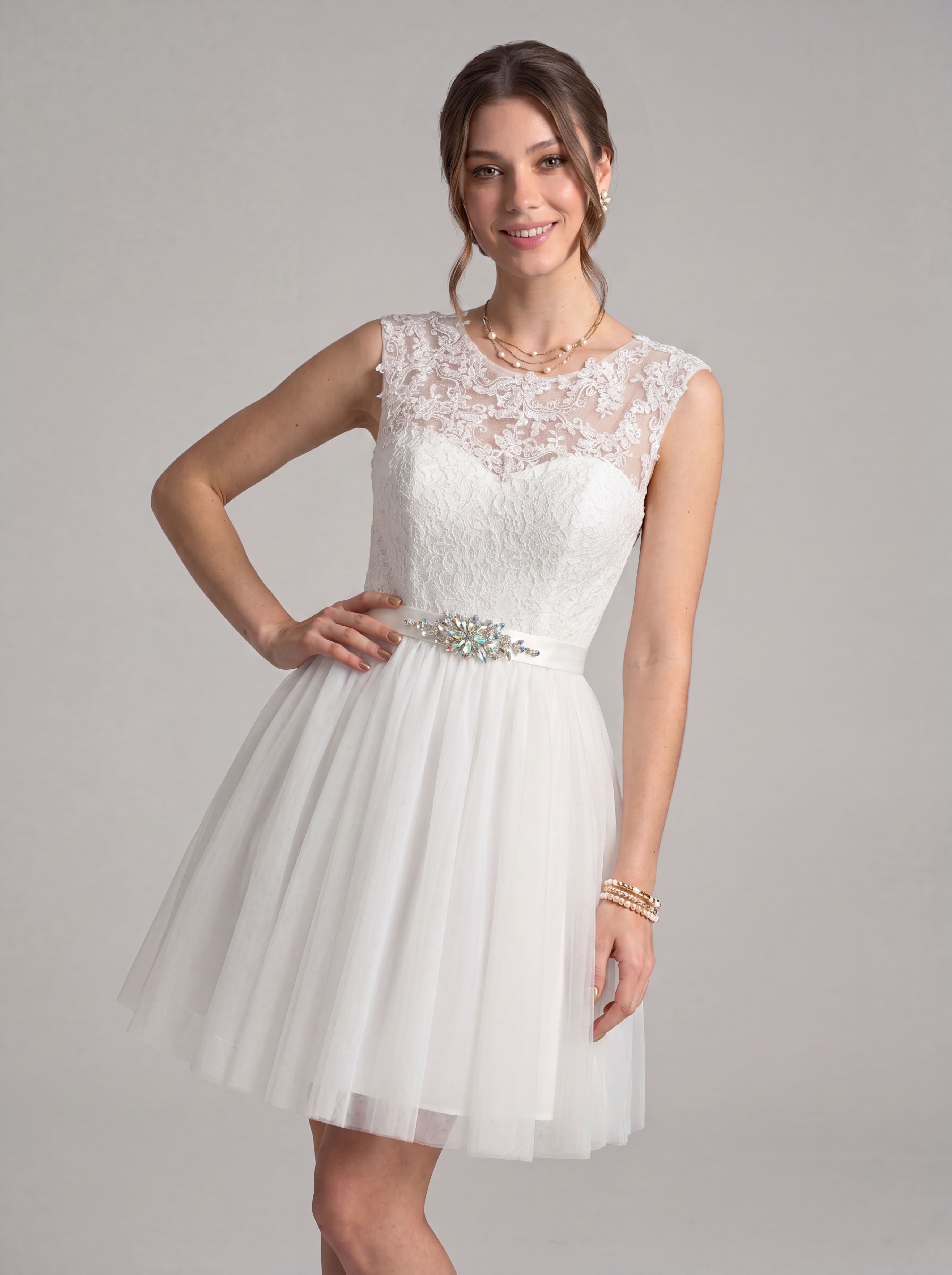 Elegant Short Homecoming Dress - Illusion Lace Tulle A-Line Cocktail Gown with Rhinestone Belt for Prom & Graduation