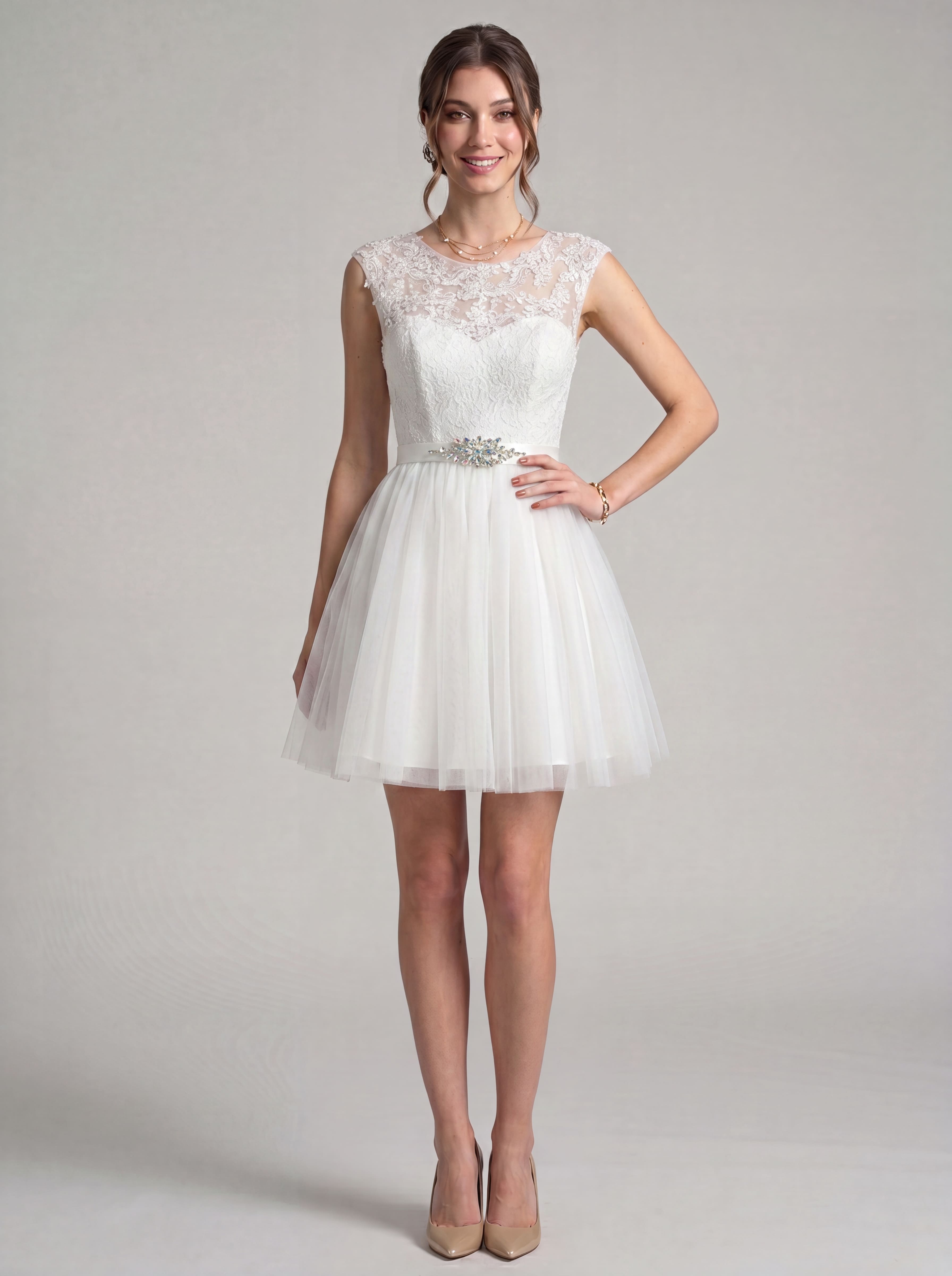Elegant Short Homecoming Dress - Illusion Lace Tulle A-Line Cocktail Gown with Rhinestone Belt for Prom & Graduation