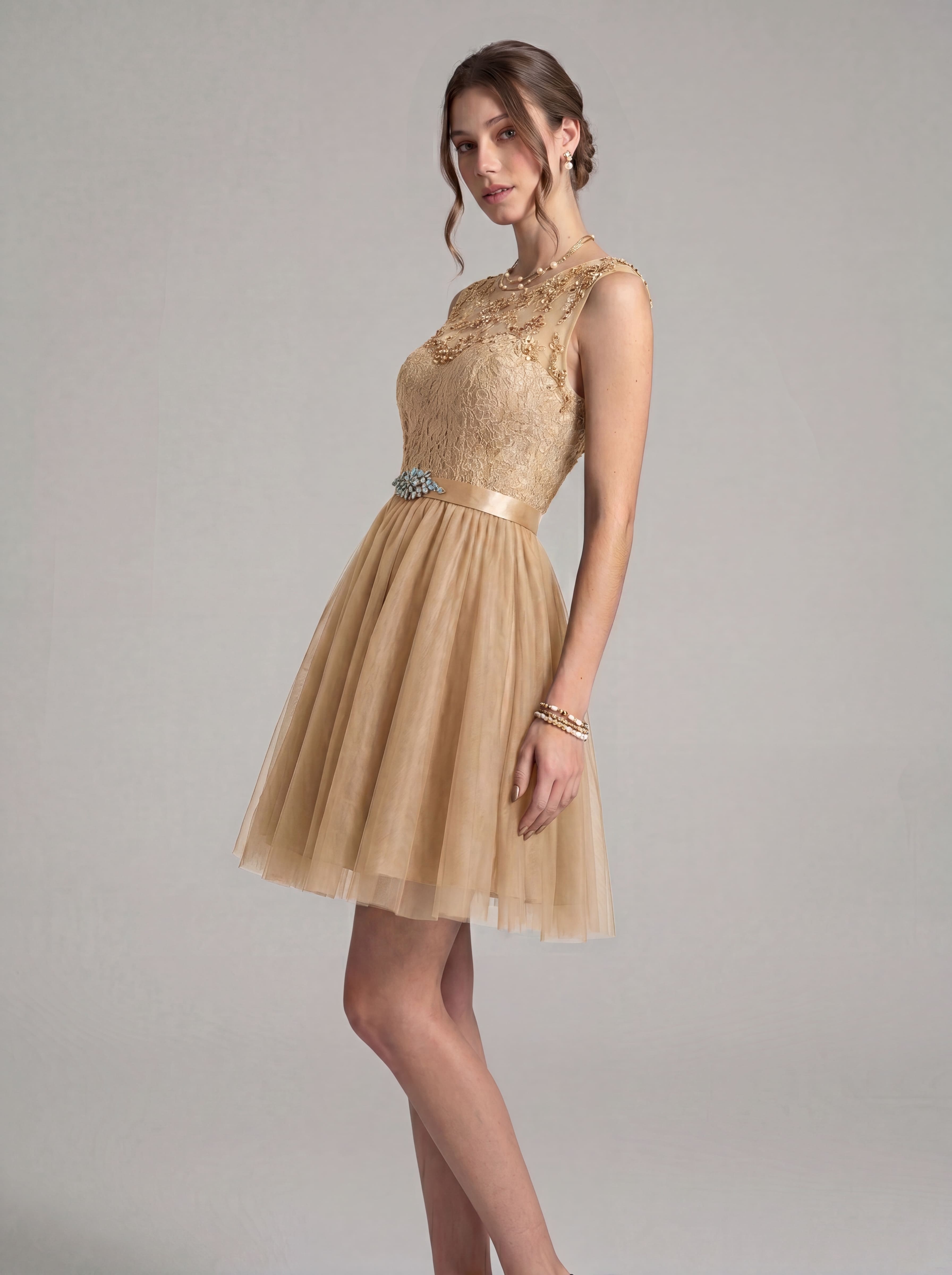 Elegant Short Homecoming Dress - Illusion Lace Tulle A-Line Cocktail Gown with Rhinestone Belt for Prom & Graduation