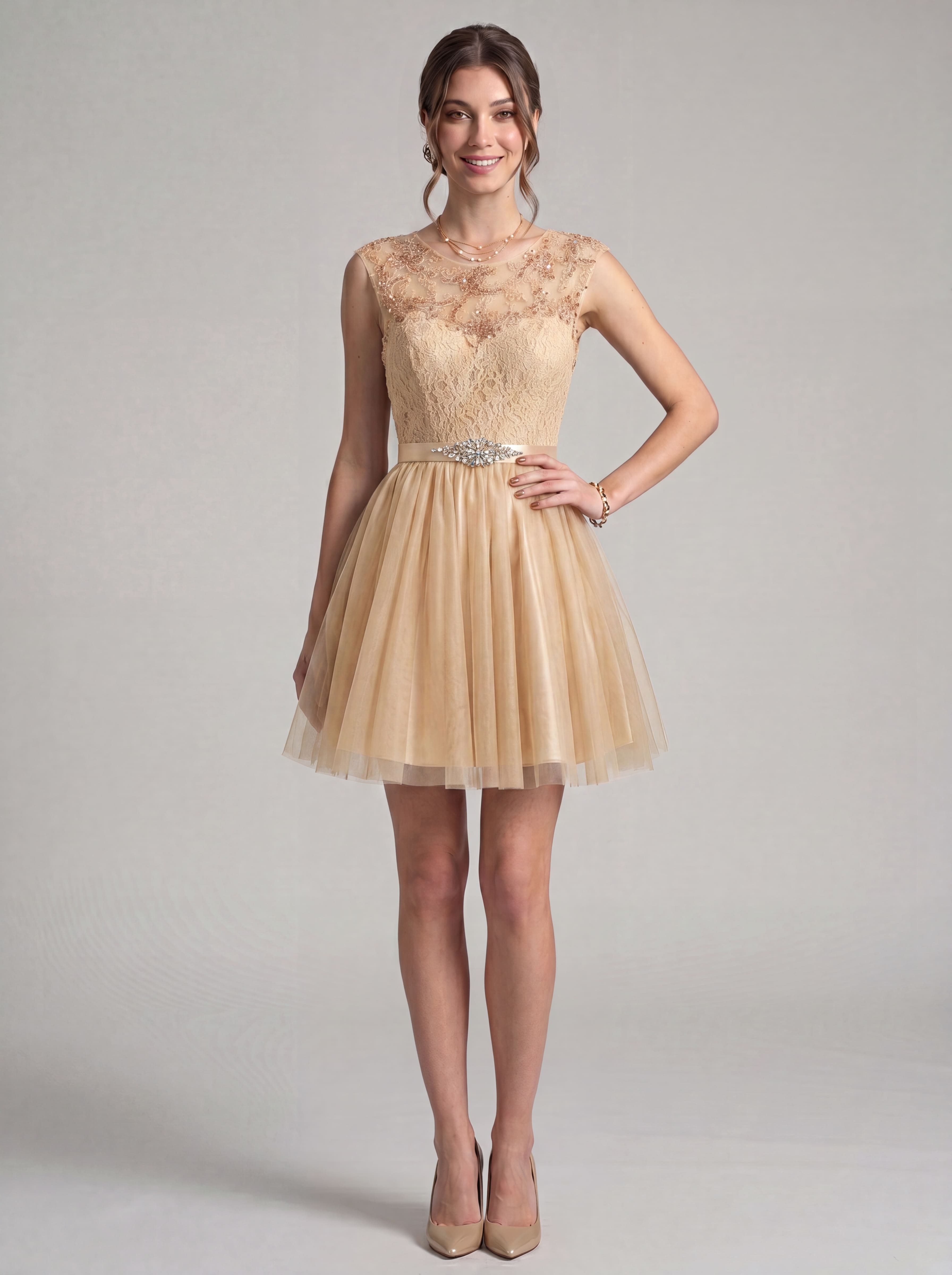 Elegant Short Homecoming Dress - Illusion Lace Tulle A-Line Cocktail Gown with Rhinestone Belt for Prom & Graduation