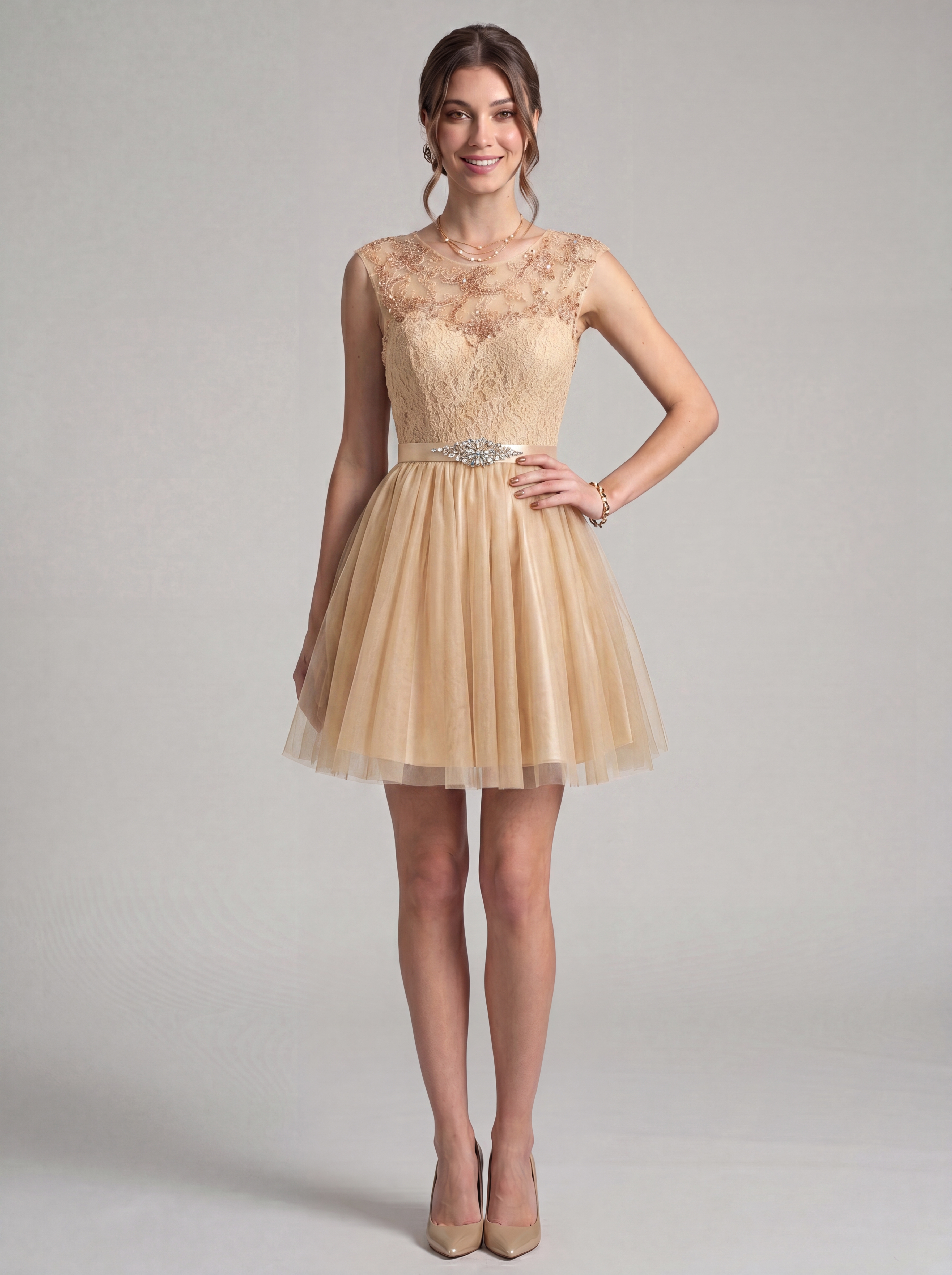 Elegant Short Homecoming Dress - Illusion Lace Tulle A-Line Cocktail Gown with Rhinestone Belt for Prom & Graduation