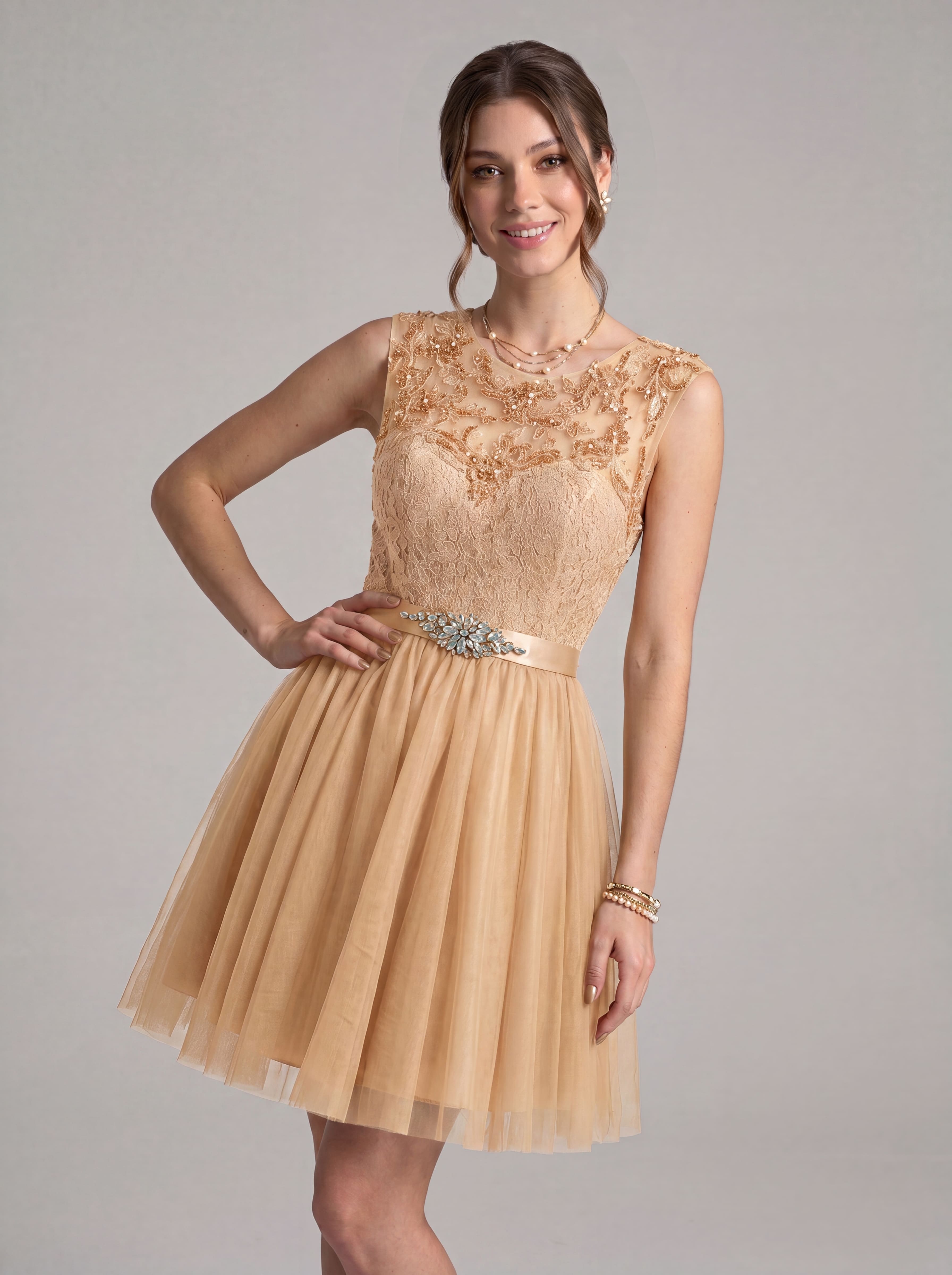 Elegant Short Homecoming Dress - Illusion Lace Tulle A-Line Cocktail Gown with Rhinestone Belt for Prom & Graduation