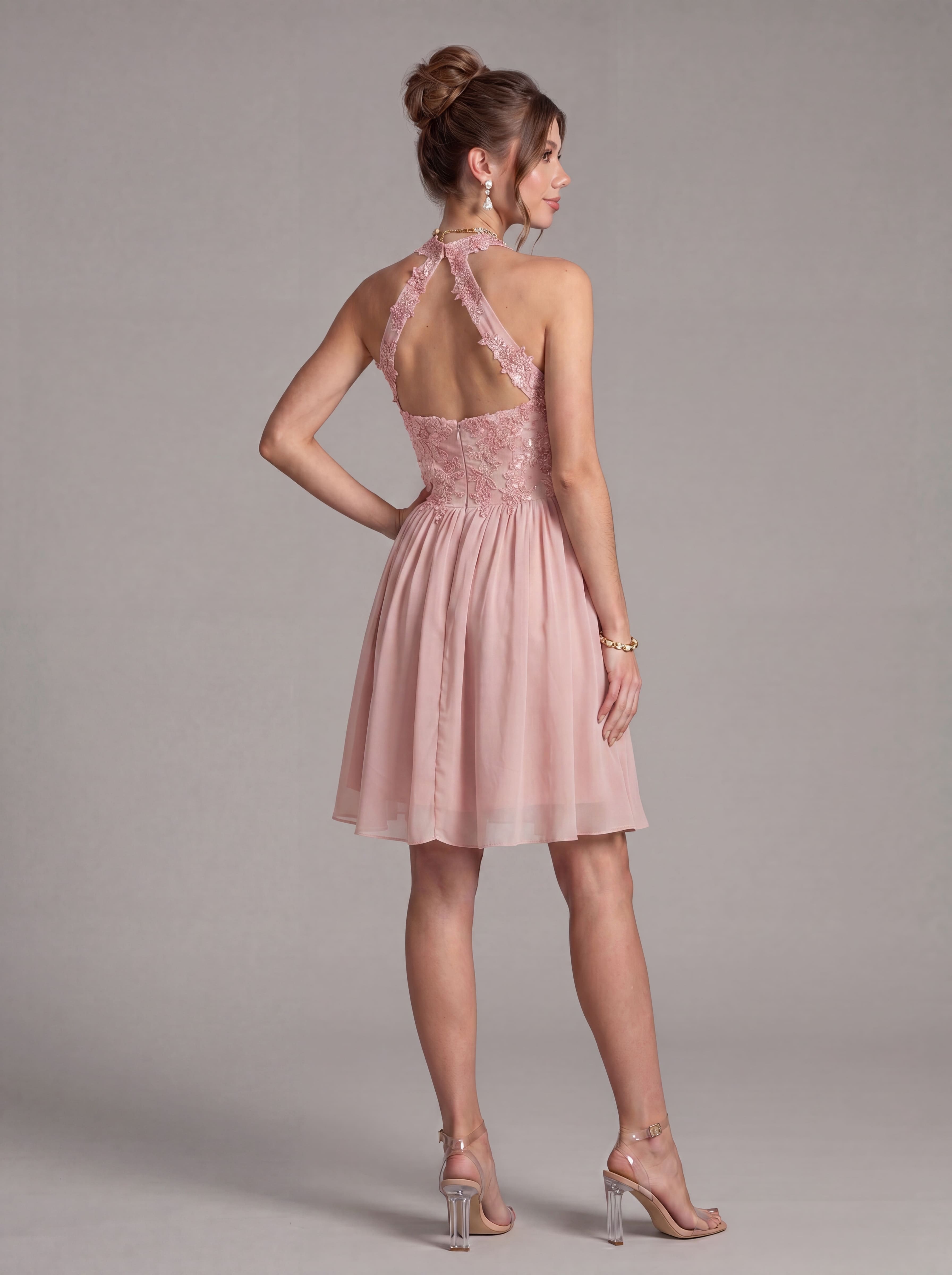 Elegant Short Halter Homecoming Dress - Illusion Lace Embroidered A-Line Chiffon Cocktail Party Gown for Prom & Graduation