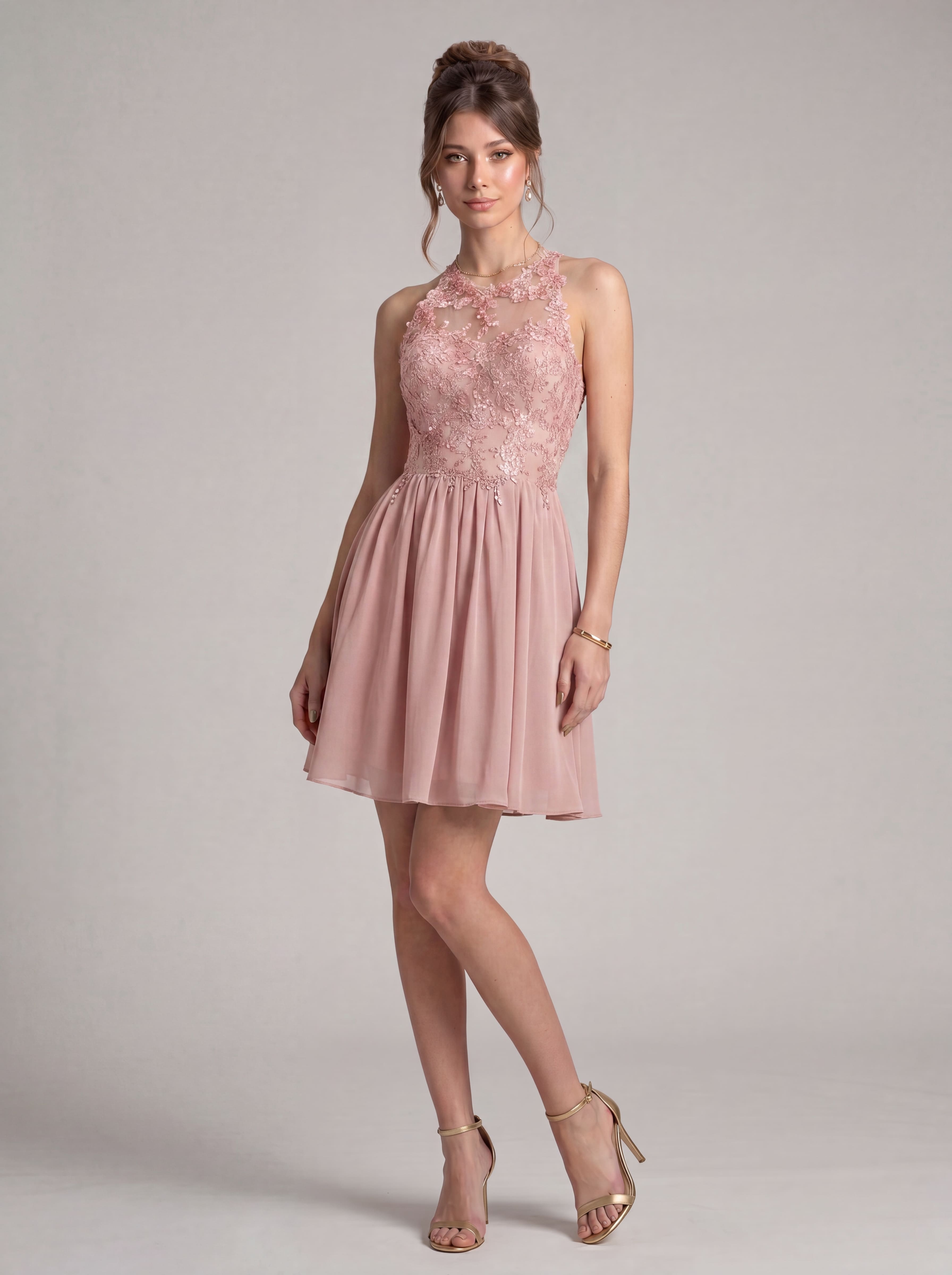 Elegant Short Halter Homecoming Dress - Illusion Lace Embroidered A-Line Chiffon Cocktail Party Gown for Prom & Graduation