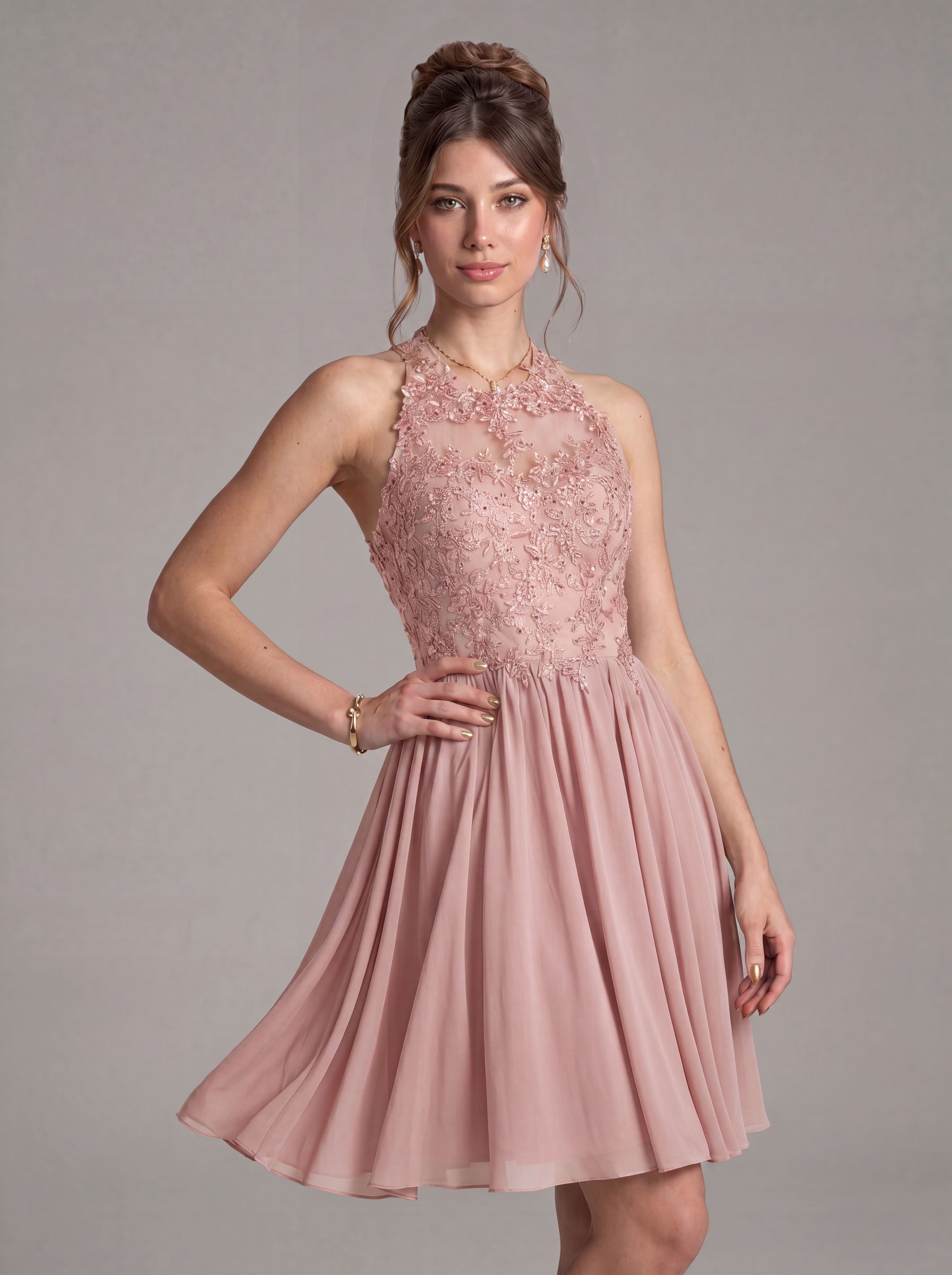 Elegant Short Halter Homecoming Dress - Illusion Lace Embroidered A-Line Chiffon Cocktail Party Gown for Prom & Graduation