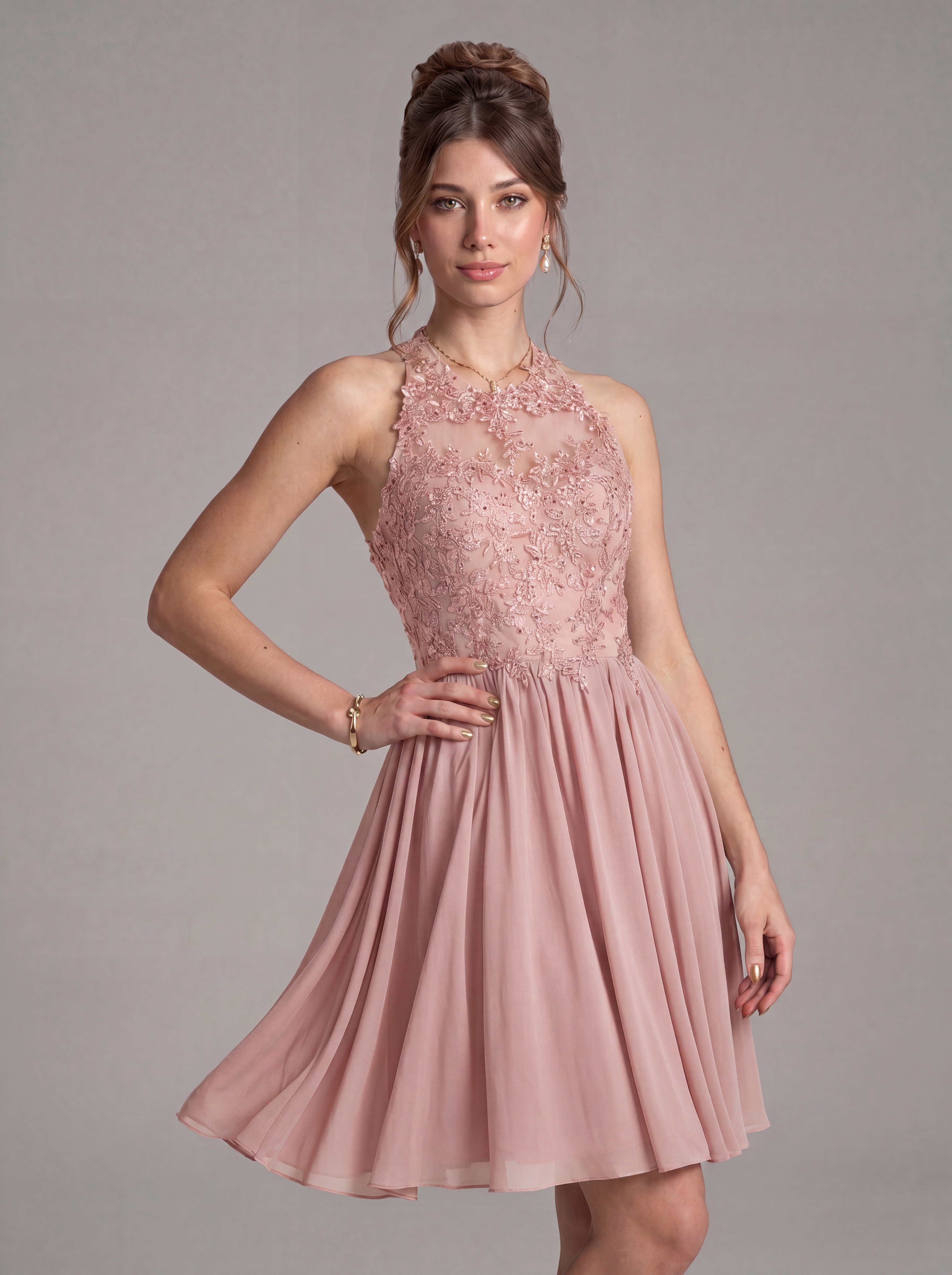 Elegant Short Halter Homecoming Dress - Illusion Lace Embroidered A-Line Chiffon Cocktail Party Gown for Prom & Graduation