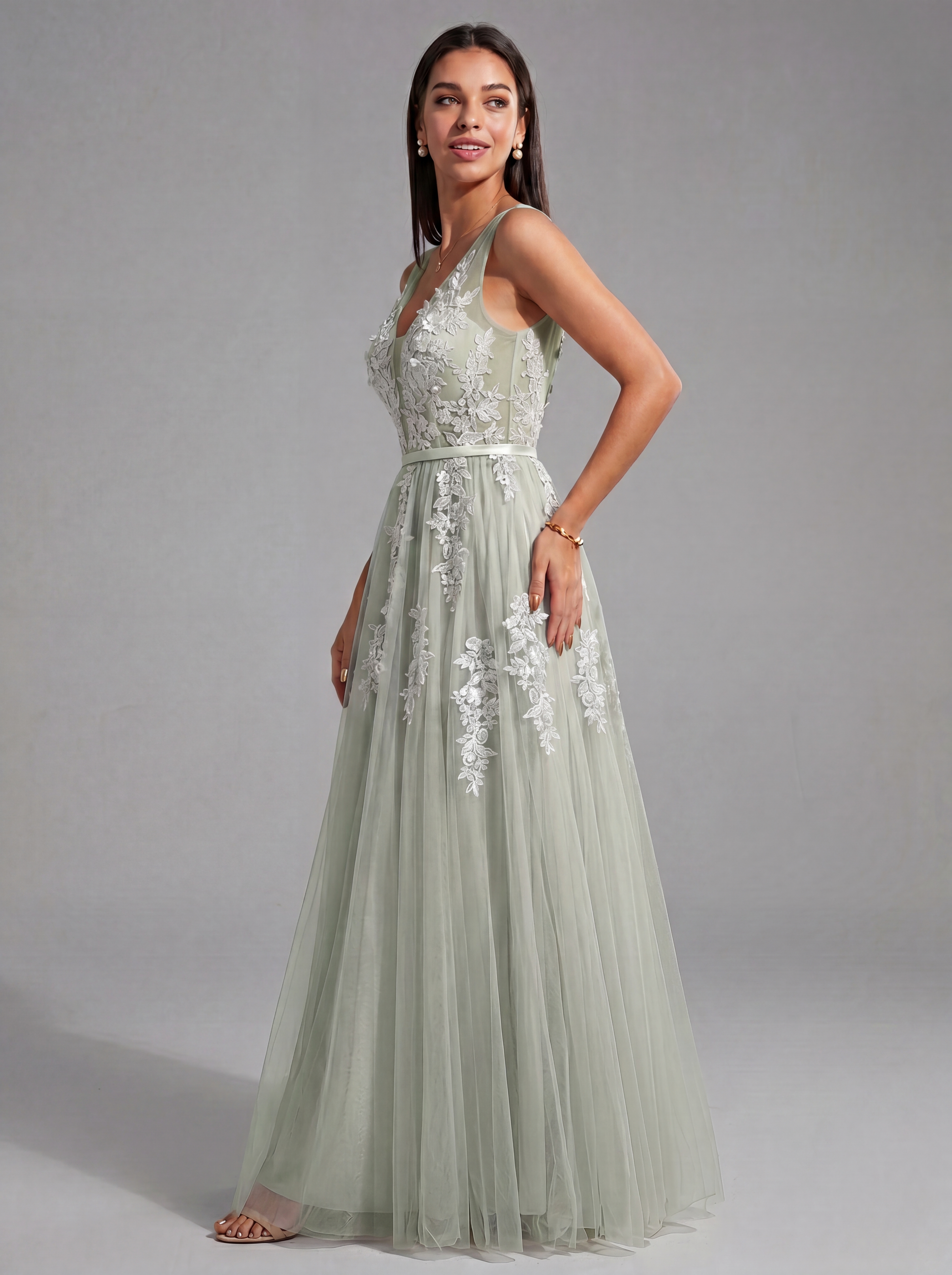 Ethereal Deep V-Neck Lace Applique Tulle A-Line Evening Gown | Backless Maxi Prom Dress for Formal Events
