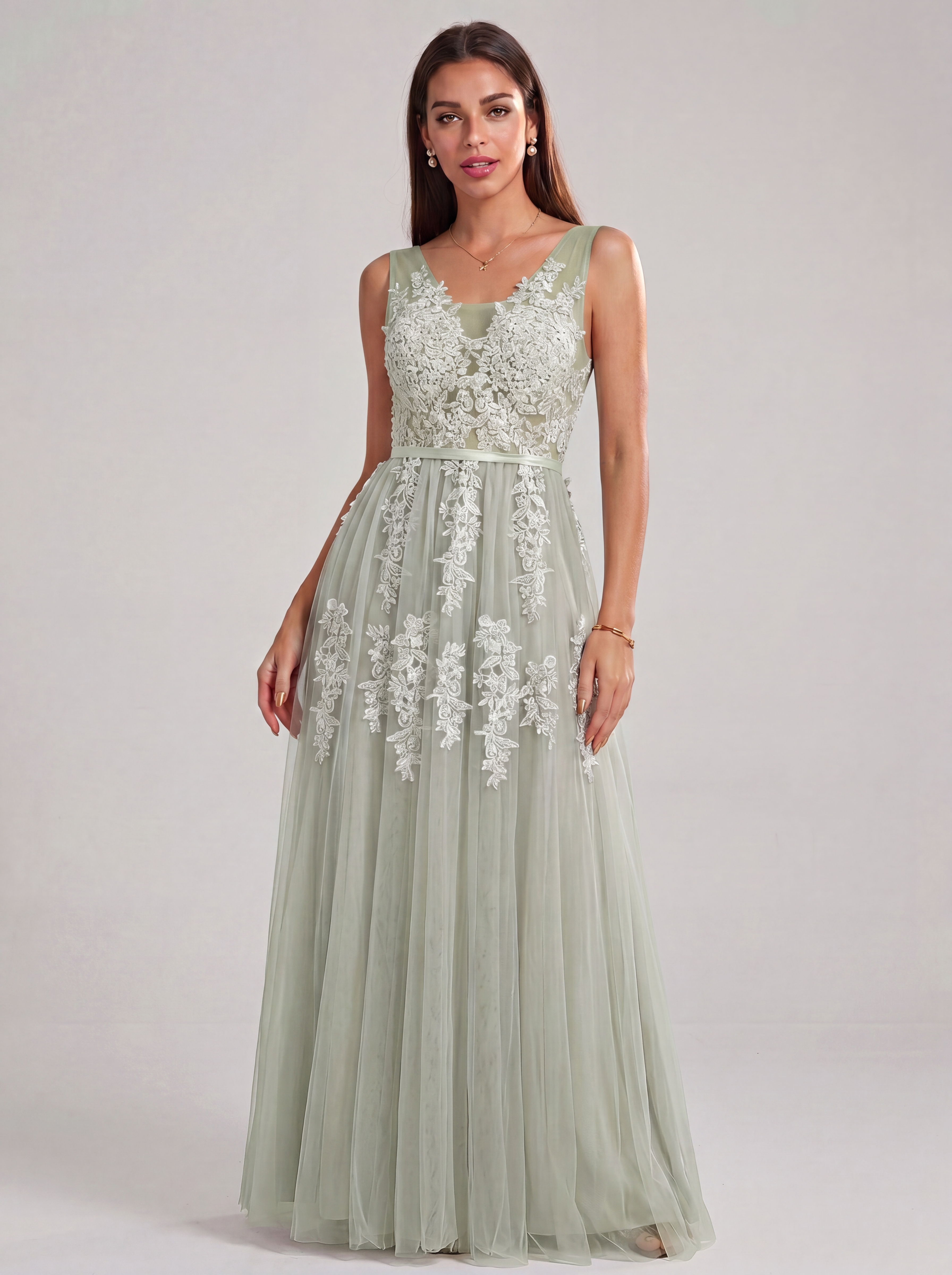 Ethereal Deep V-Neck Lace Applique Tulle A-Line Evening Gown | Backless Maxi Prom Dress for Formal Events