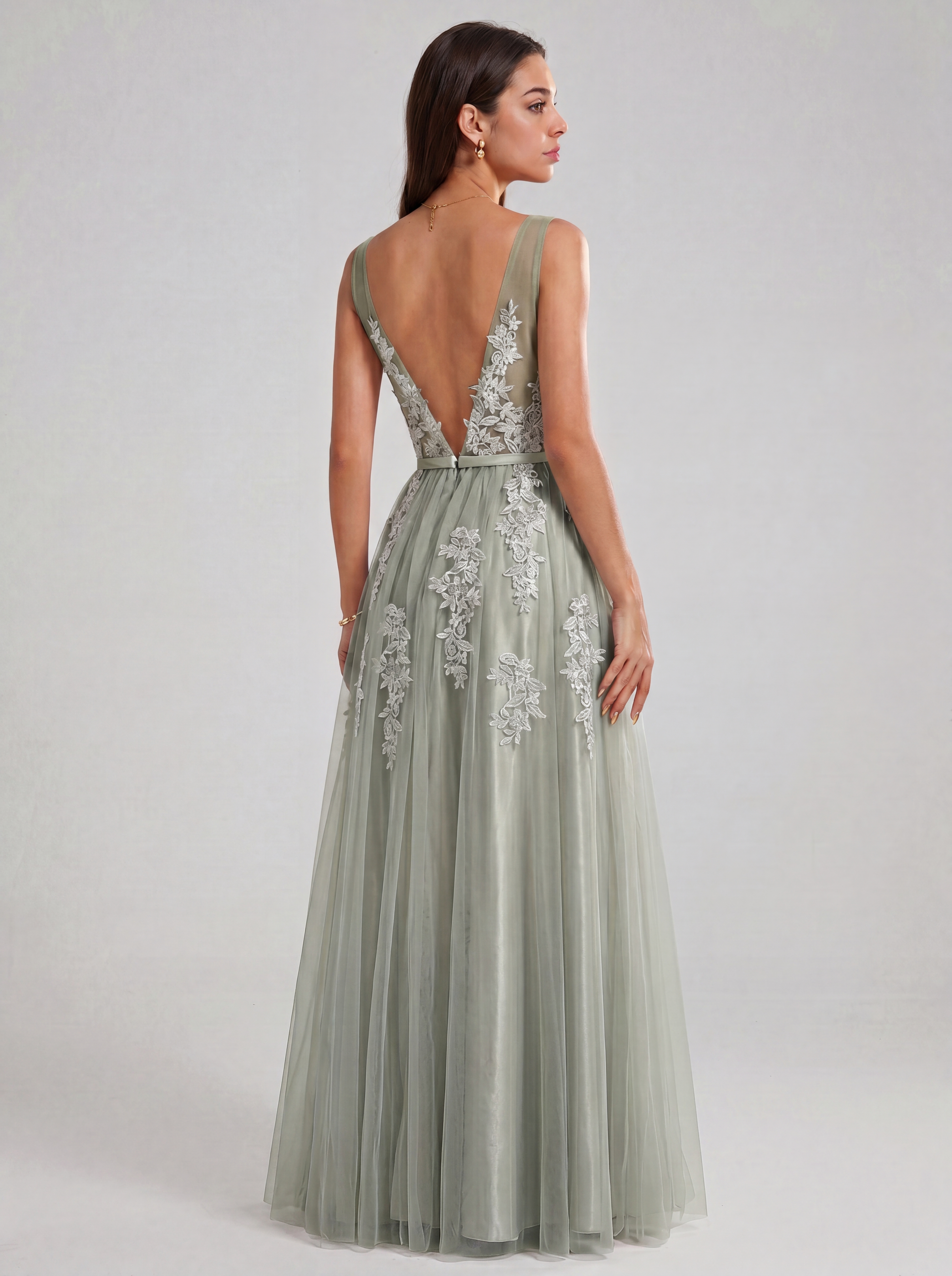 Ethereal Deep V-Neck Lace Applique Tulle A-Line Evening Gown | Backless Maxi Prom Dress for Formal Events