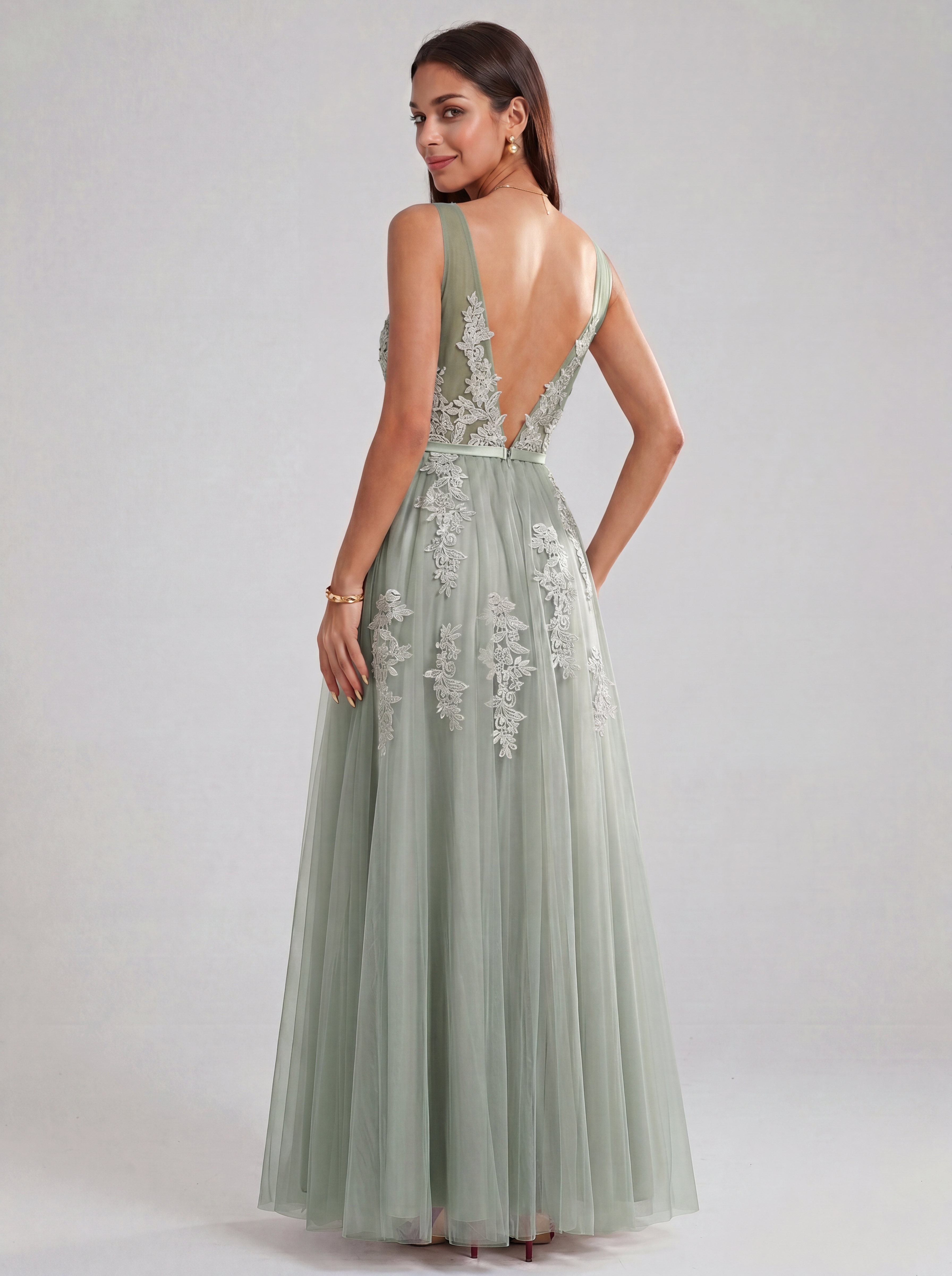 Ethereal Deep V-Neck Lace Applique Tulle A-Line Evening Gown | Backless Maxi Prom Dress for Formal Events