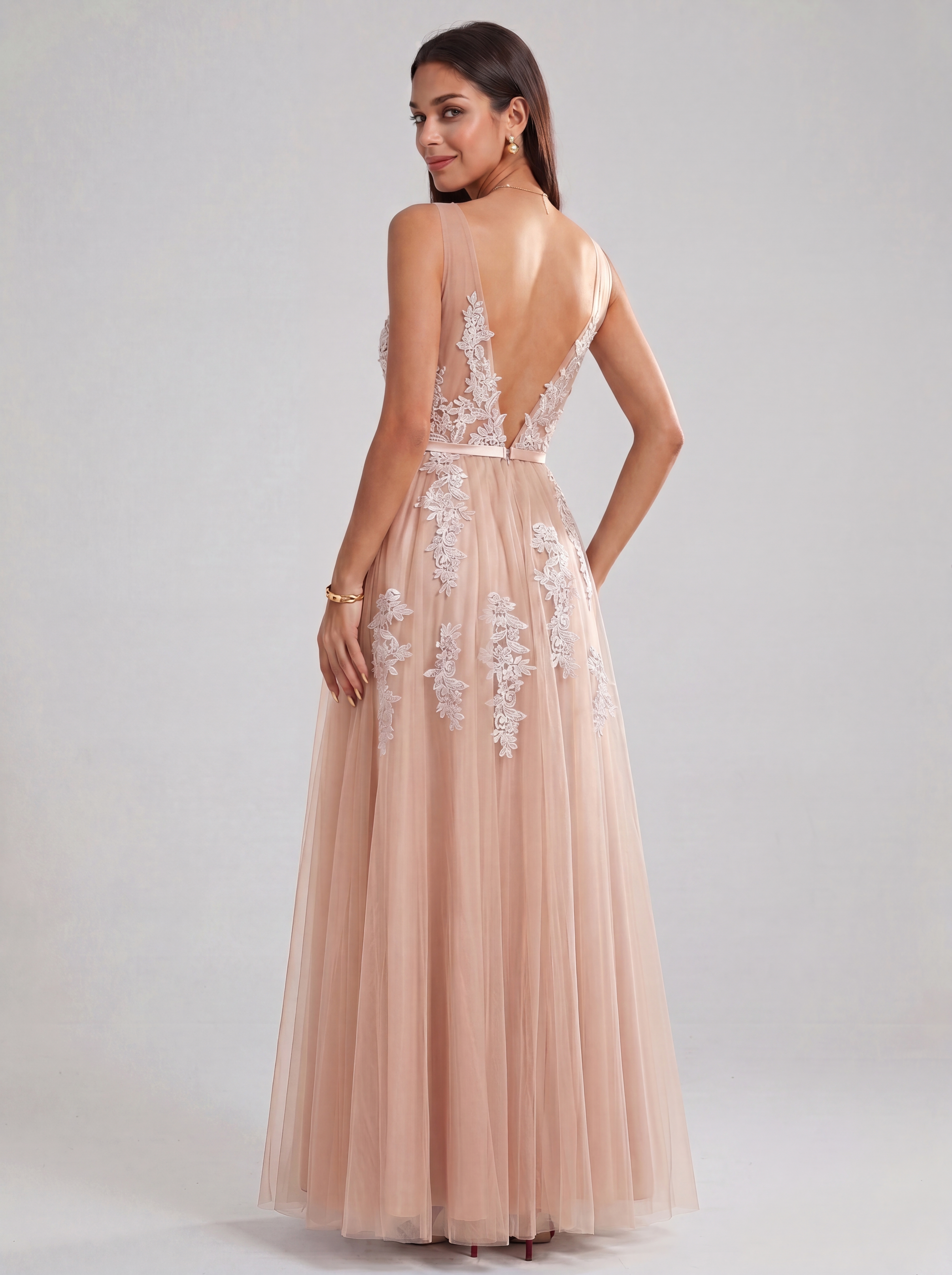 Ethereal Deep V-Neck Lace Applique Tulle A-Line Evening Gown | Backless Maxi Prom Dress for Formal Events