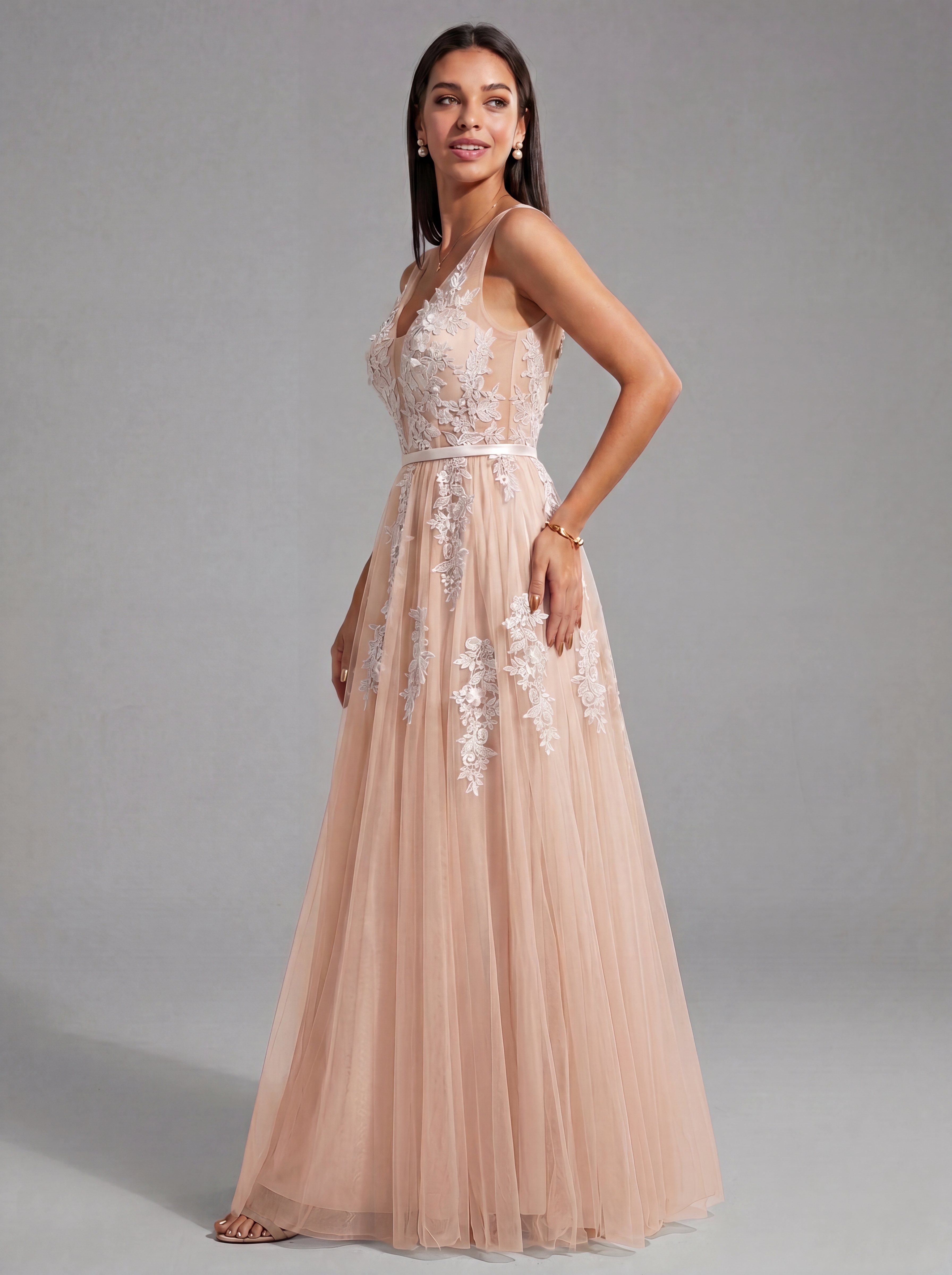 Ethereal Deep V-Neck Lace Applique Tulle A-Line Evening Gown | Backless Maxi Prom Dress for Formal Events