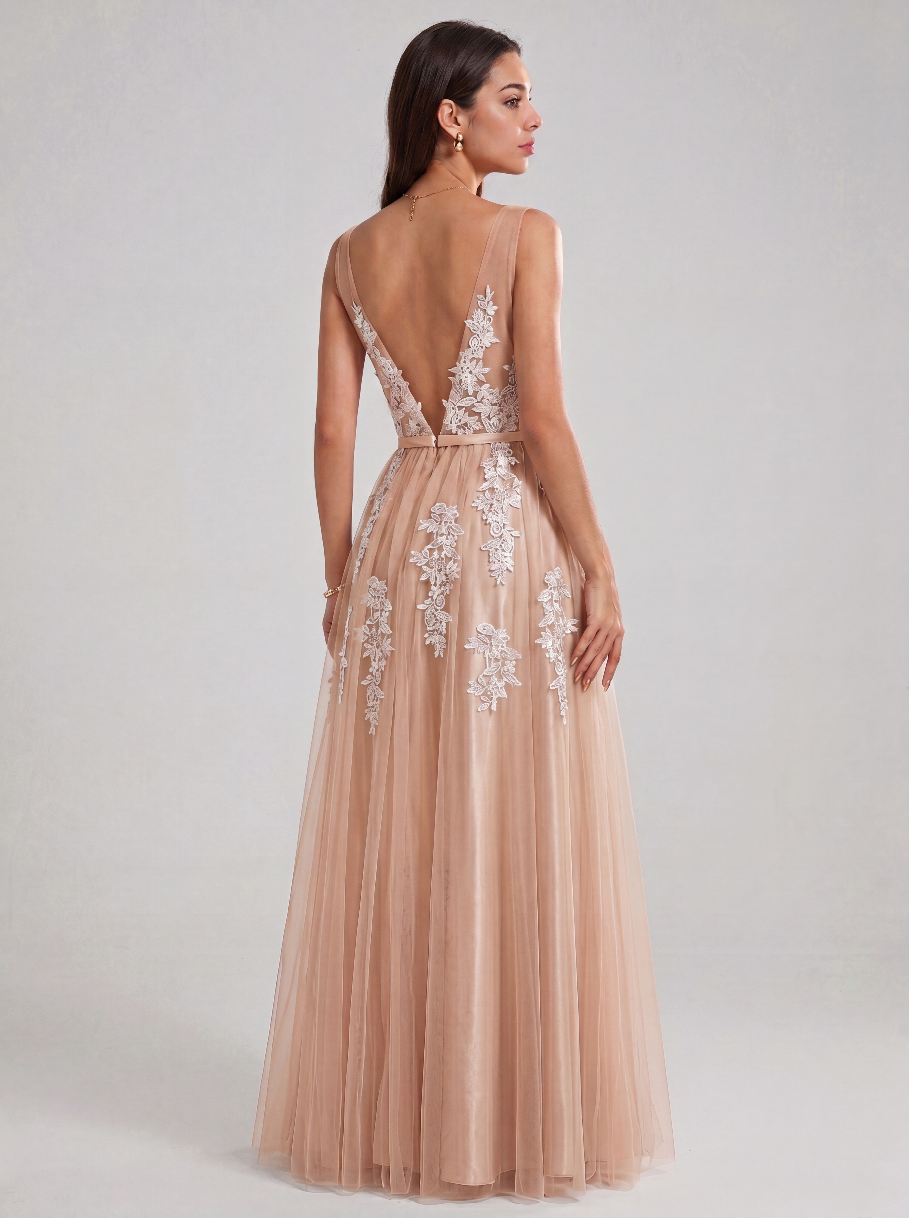 Ethereal Deep V-Neck Lace Applique Tulle A-Line Evening Gown | Backless Maxi Prom Dress for Formal Events