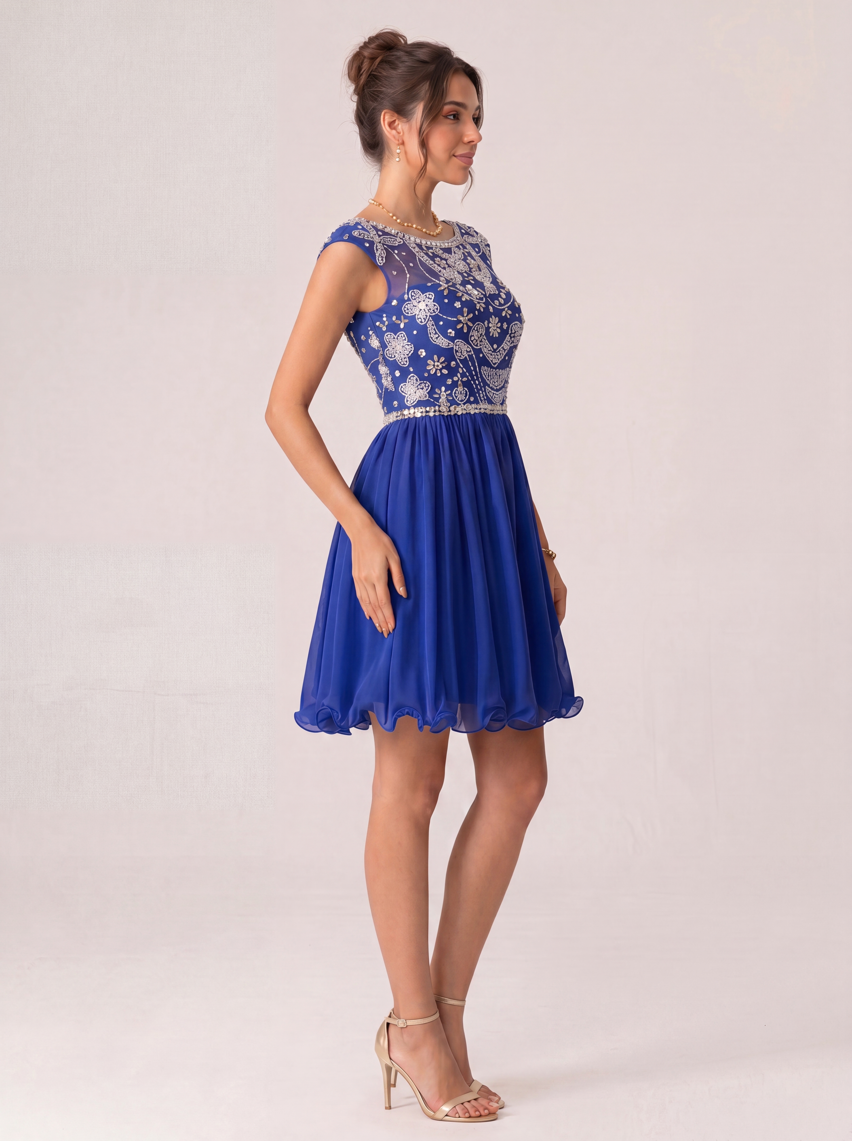 Sparkling Sequin Homecoming Dress Short - Illusion Neck Beaded Prom Gown with Chiffon Skirt