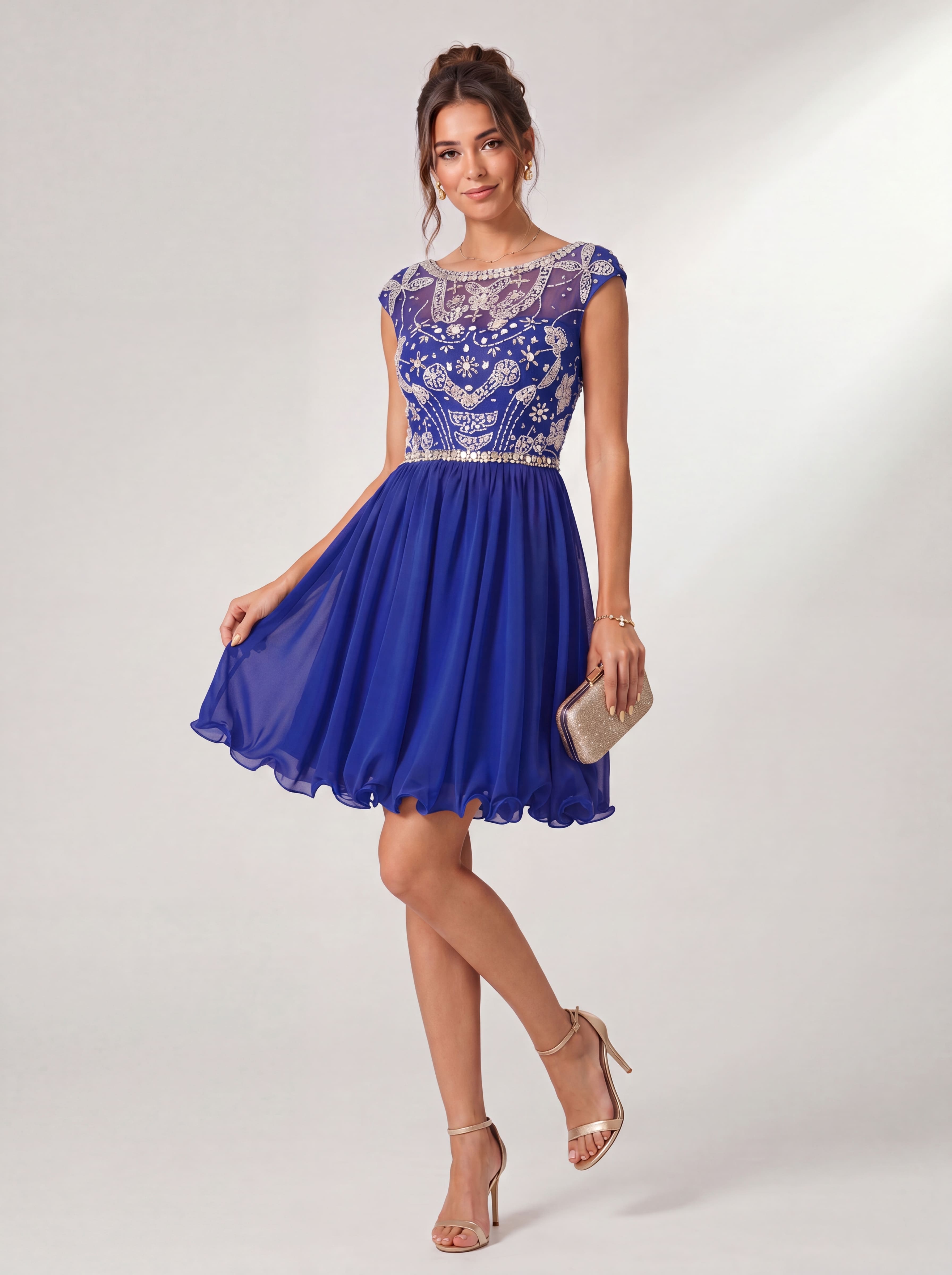 Sparkling Sequin Homecoming Dress Short - Illusion Neck Beaded Prom Gown with Chiffon Skirt