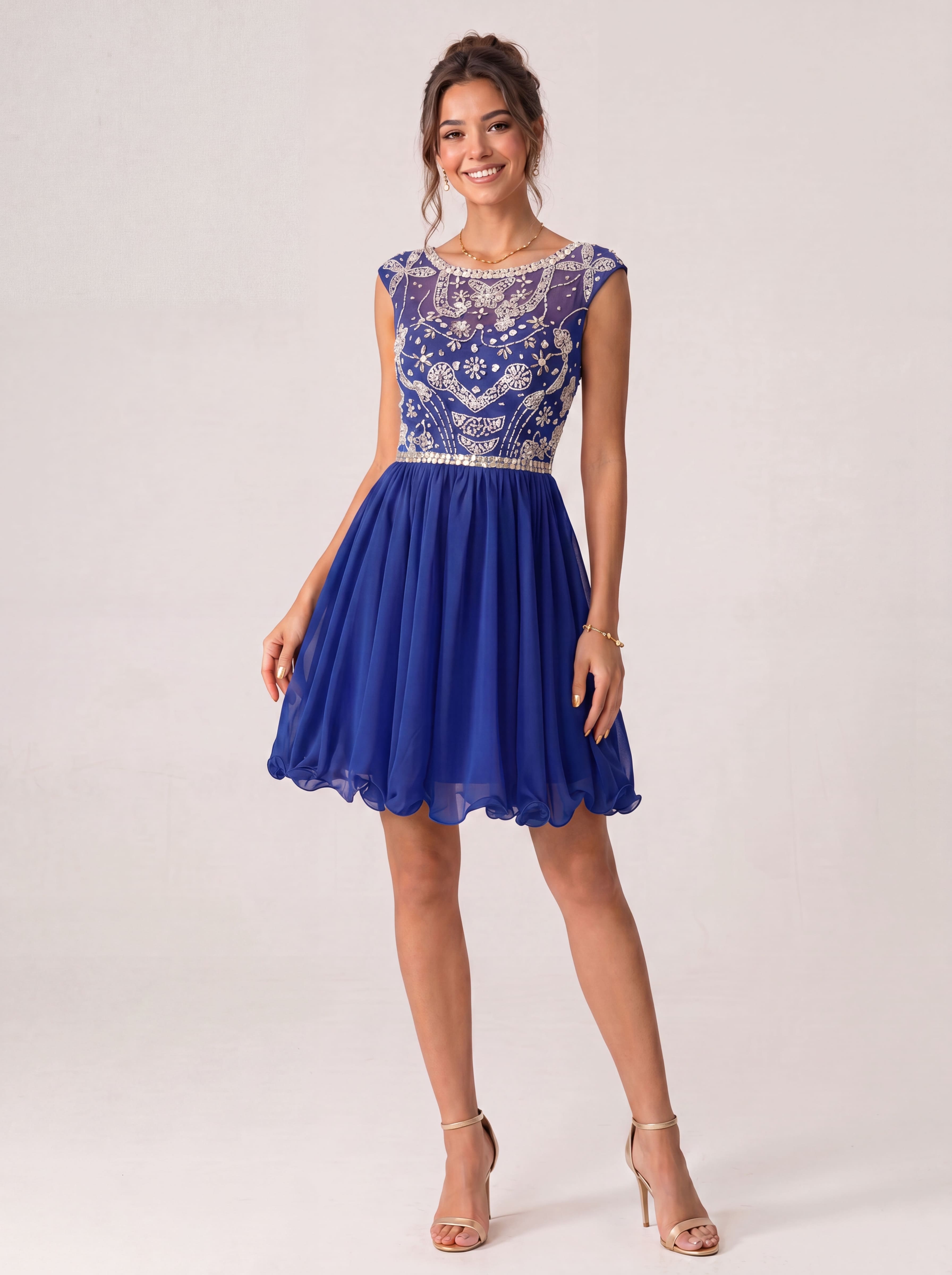 Sparkling Sequin Homecoming Dress Short - Illusion Neck Beaded Prom Gown with Chiffon Skirt