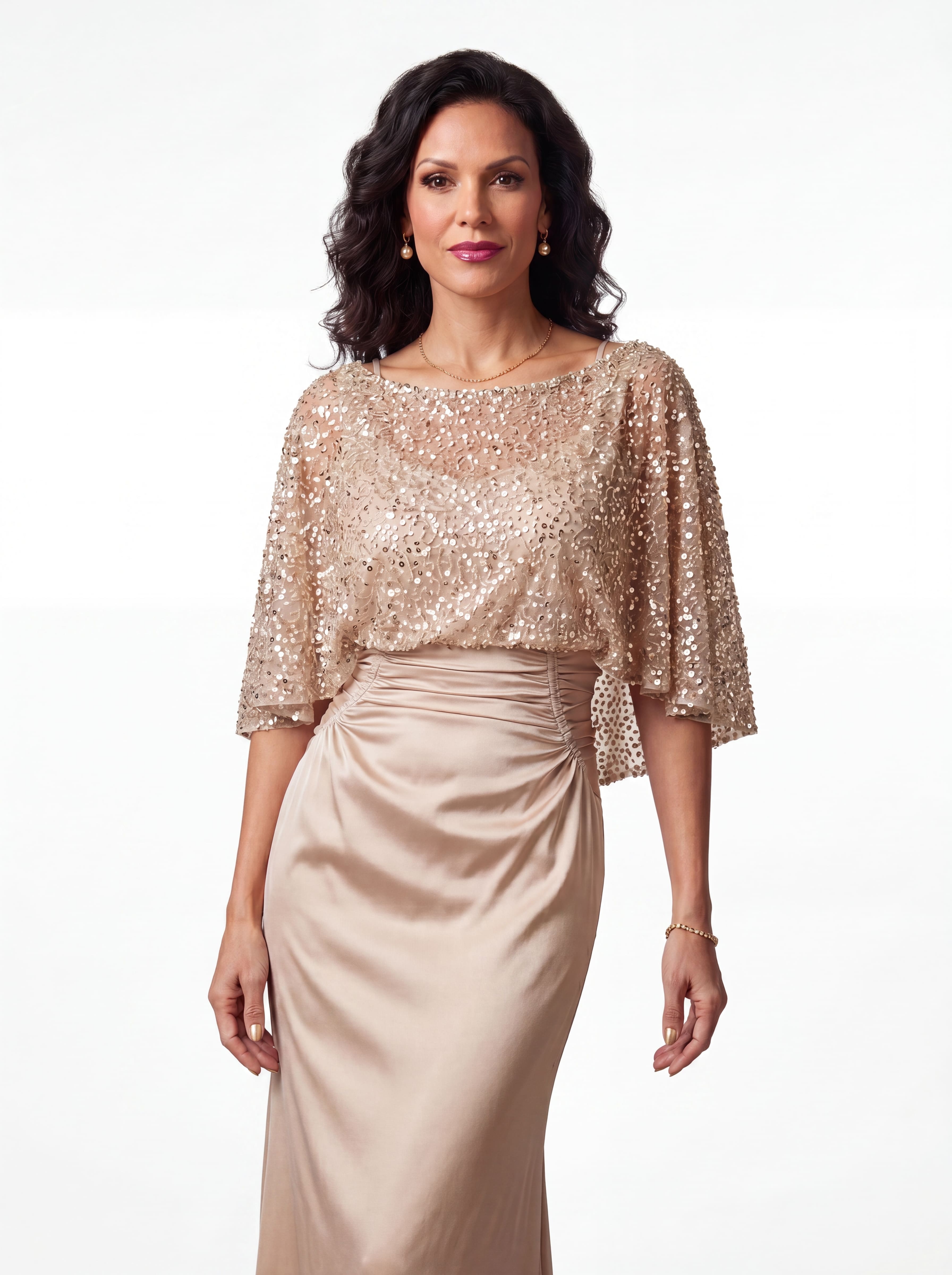 Champagne Sequin Capelet Evening Gown - Ruched Satin Grandmother of the Bride Dress with Hidden Pockets