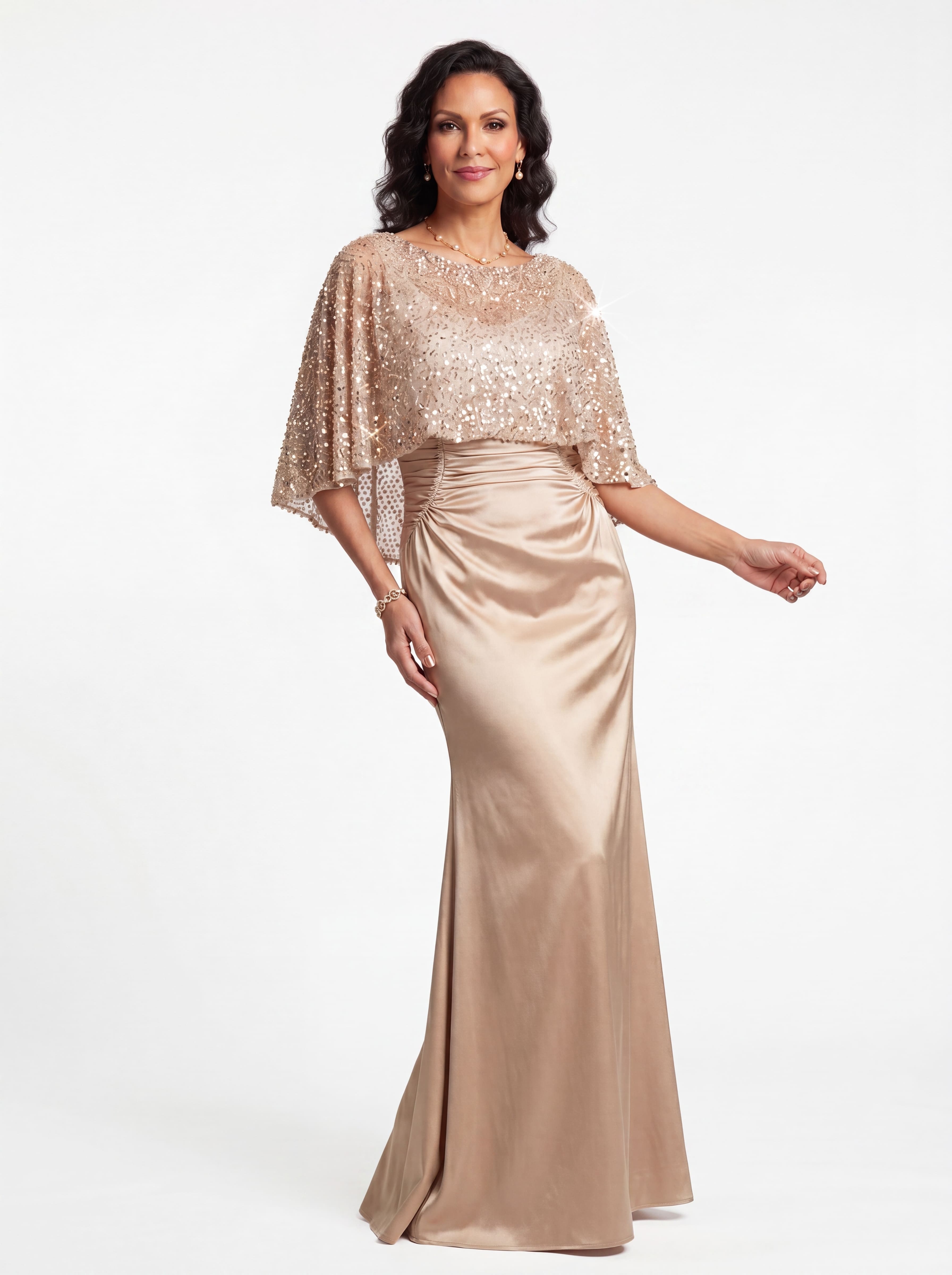 Champagne Sequin Capelet Evening Gown - Ruched Satin Grandmother of the Bride Dress with Hidden Pockets
