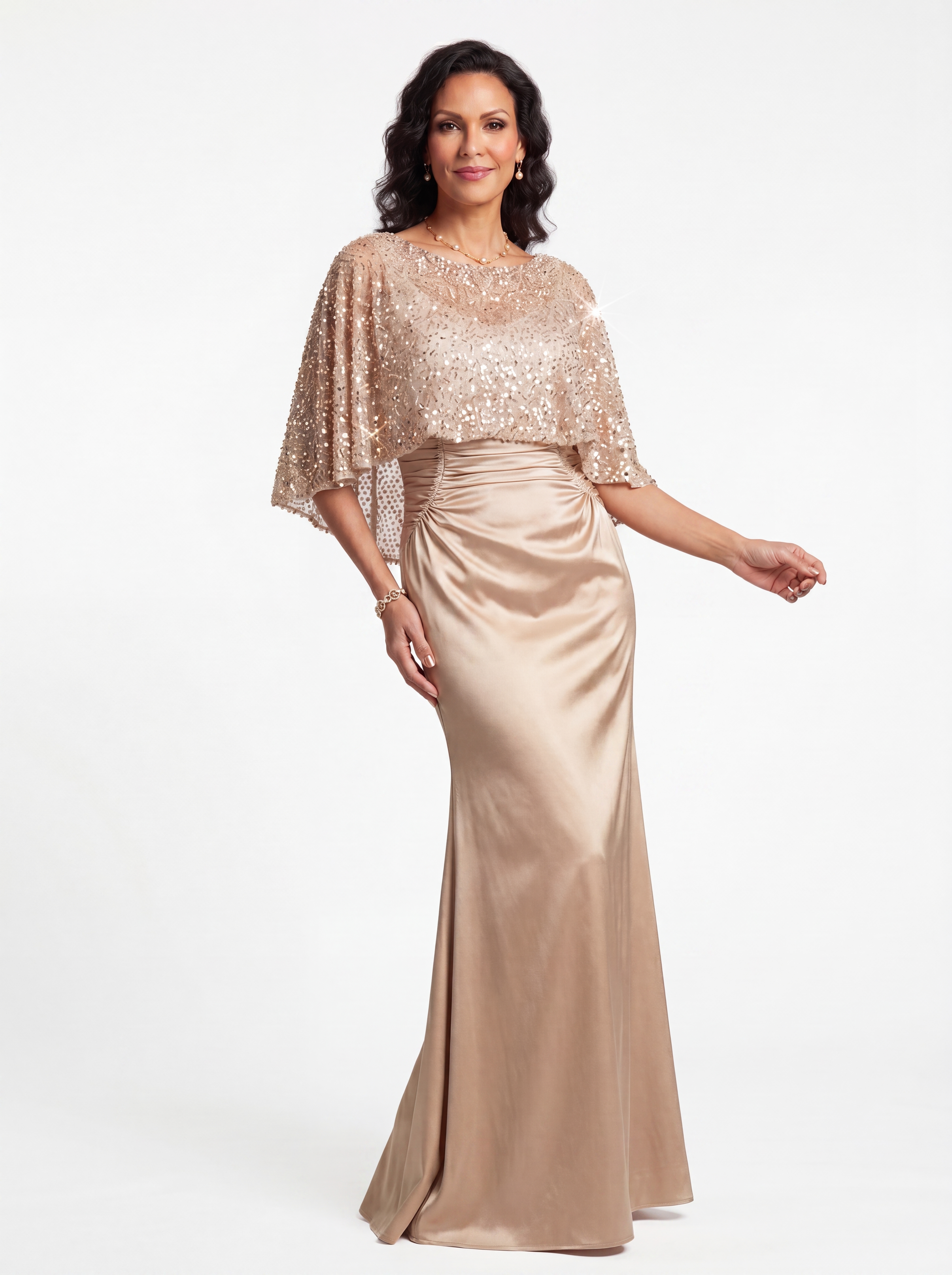 Champagne Sequin Capelet Evening Gown - Ruched Satin Grandmother of the Bride Dress with Hidden Pockets
