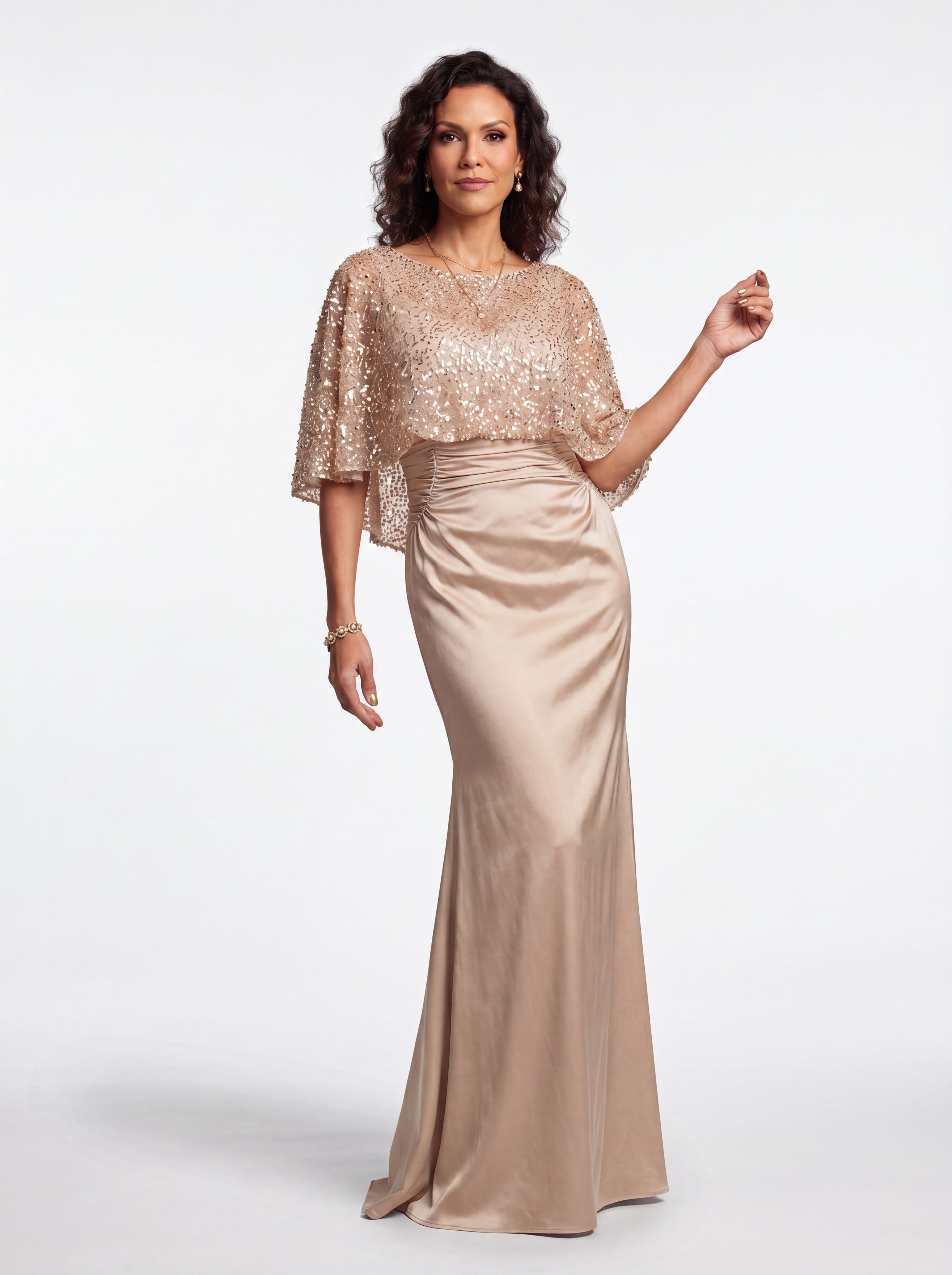 Champagne Sequin Capelet Evening Gown - Ruched Satin Grandmother of the Bride Dress with Hidden Pockets