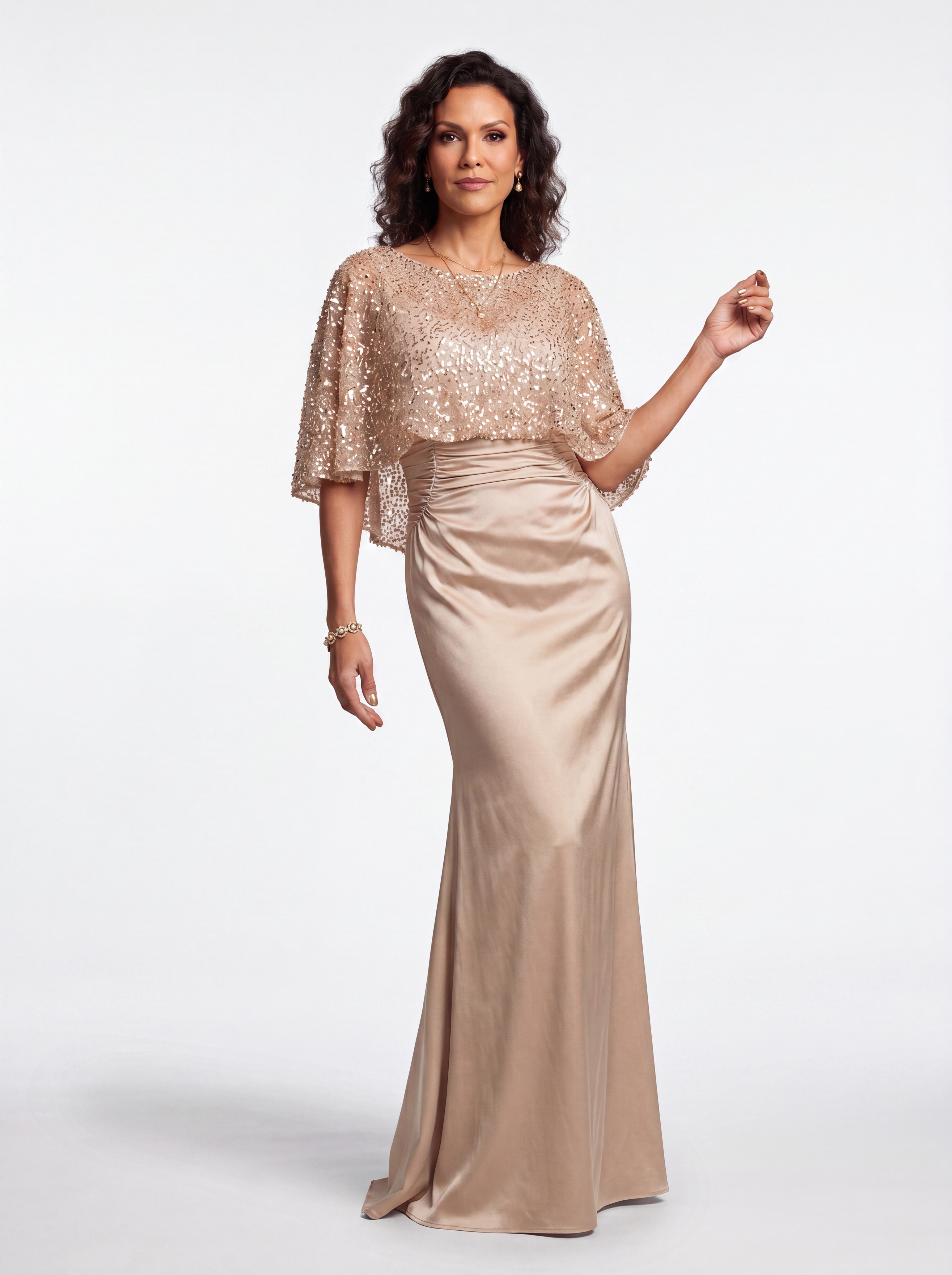Champagne Sequin Capelet Evening Gown - Ruched Satin Grandmother of the Bride Dress with Hidden Pockets