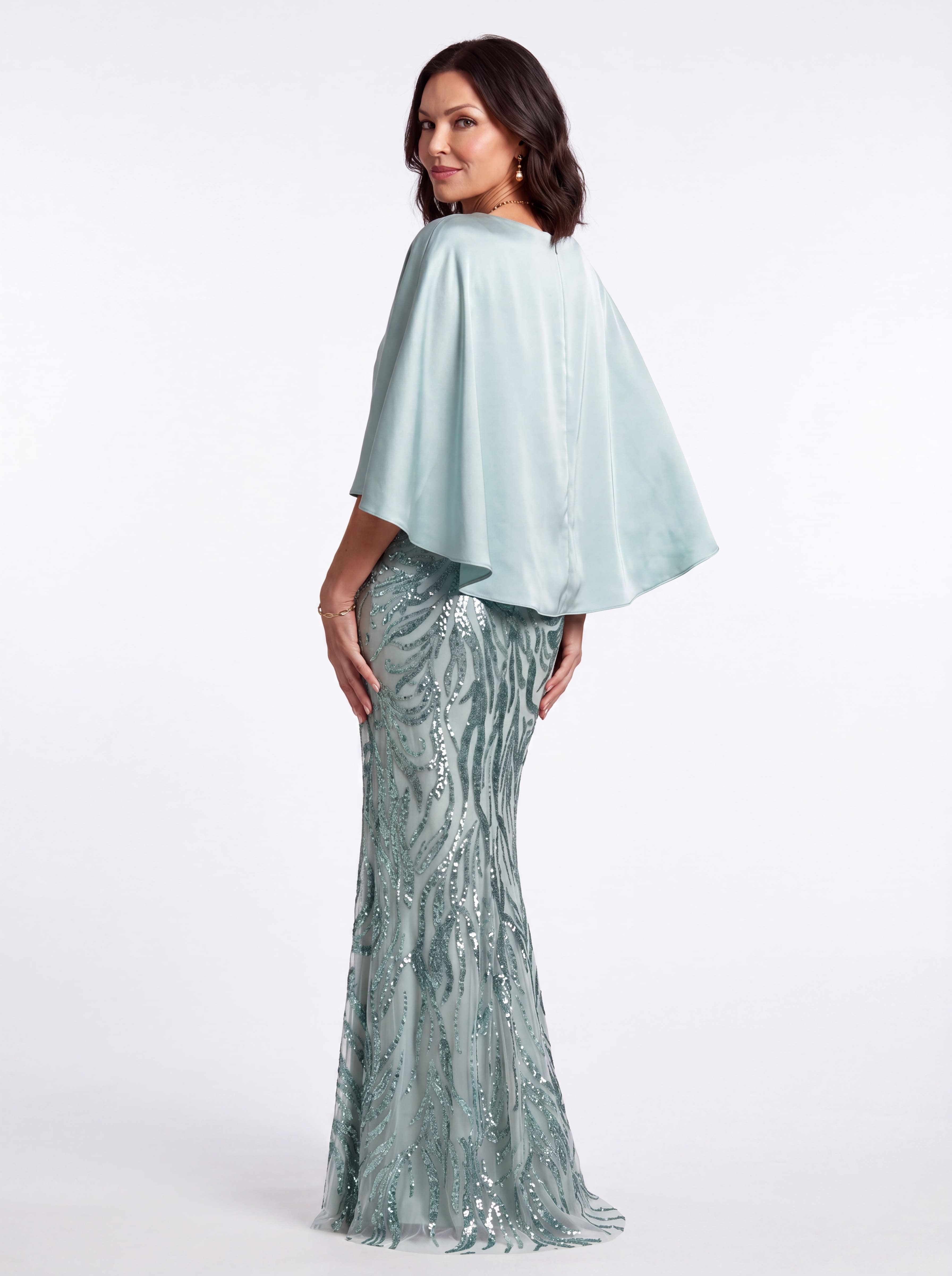 Dusty Blue Satin Capelet Evening Gown - Modest Sequin Mermaid Grandmother & Mother of the Bride Dress