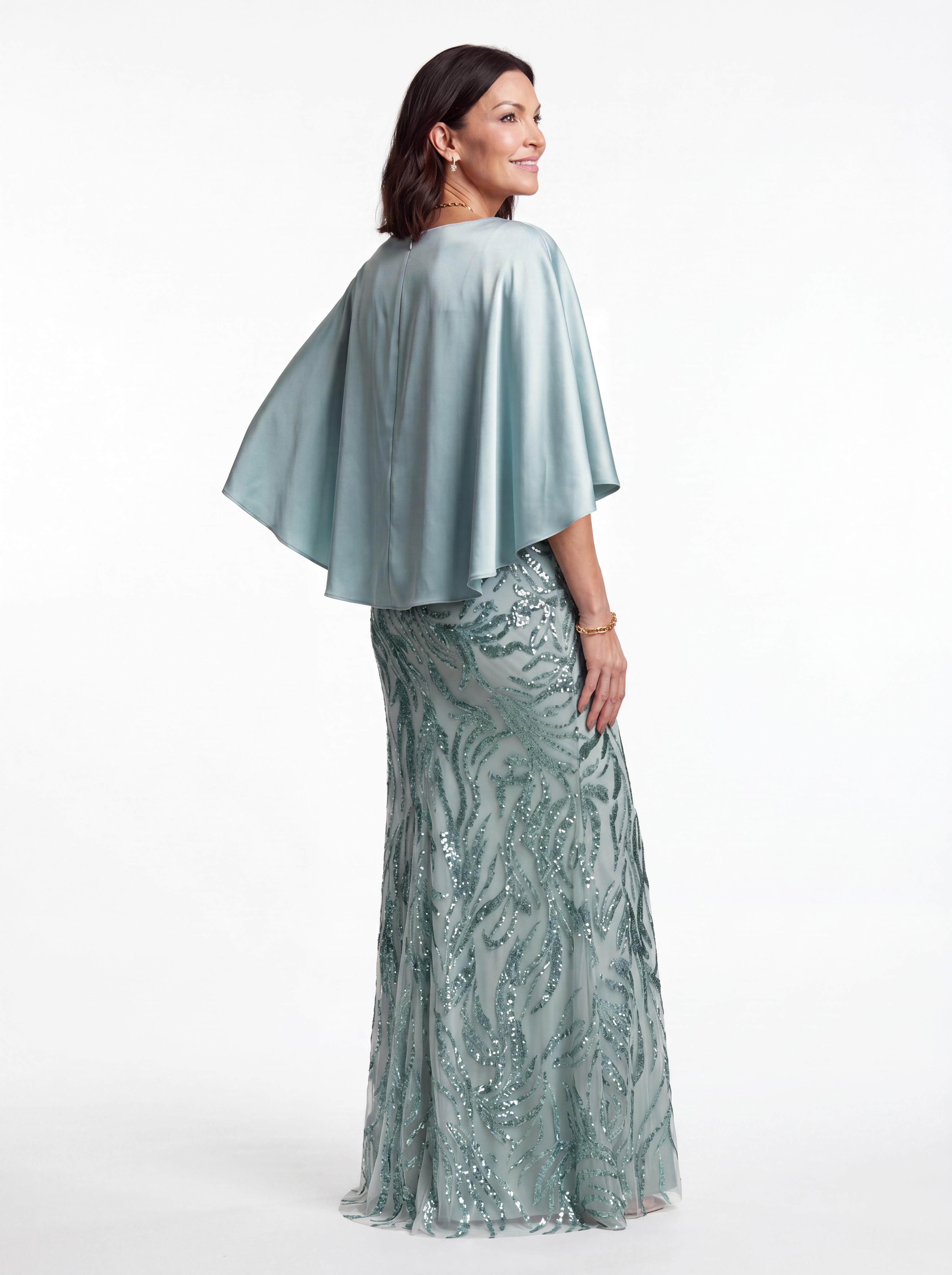 Dusty Blue Satin Capelet Evening Gown - Modest Sequin Mermaid Grandmother & Mother of the Bride Dress