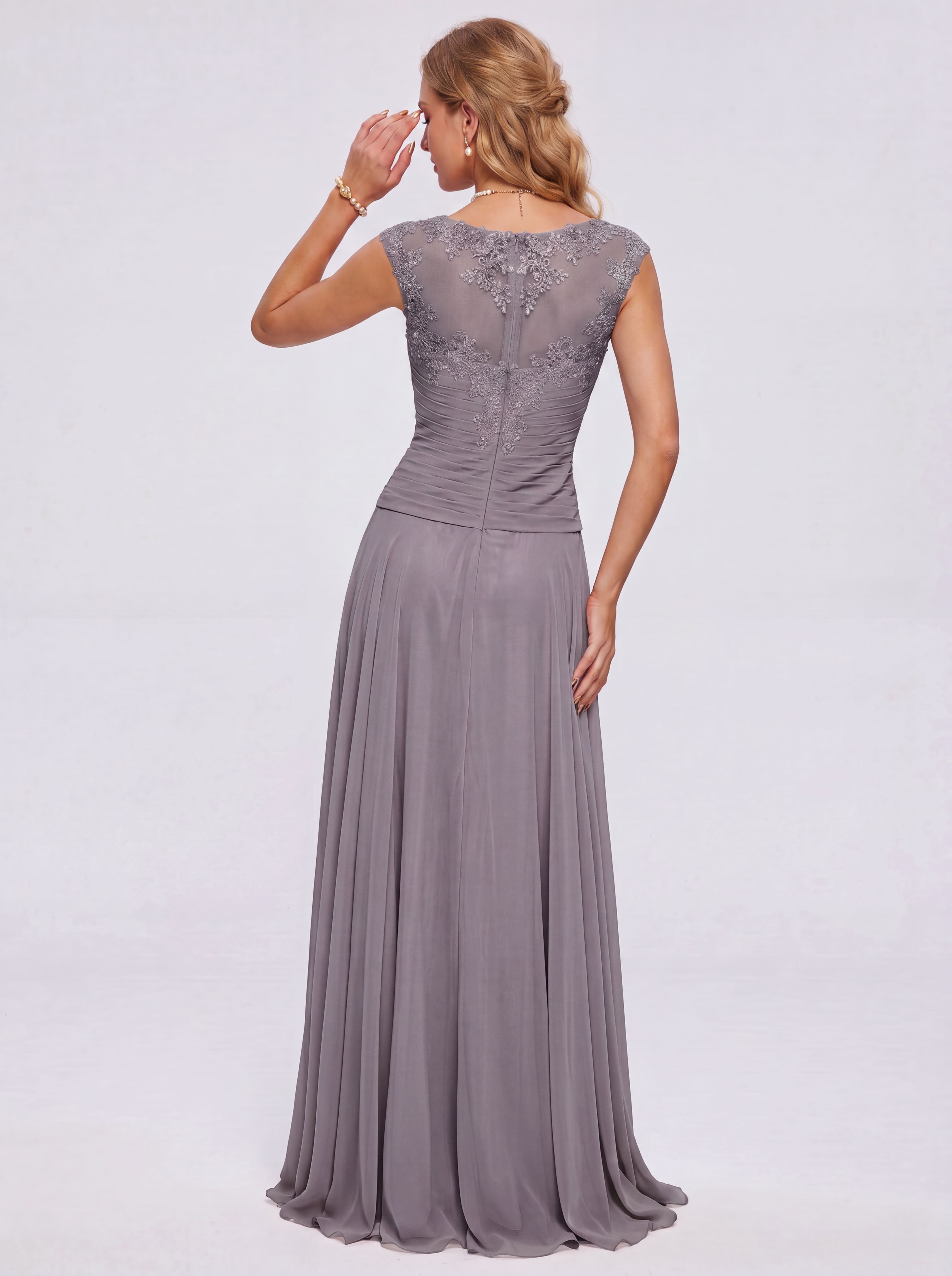 Elegant Cap Sleeve Illusion Neckline Maxi Dress - Ruched Waist Chiffon Formal Evening Gown for Wedding Guest, Bridesmaid & Prom