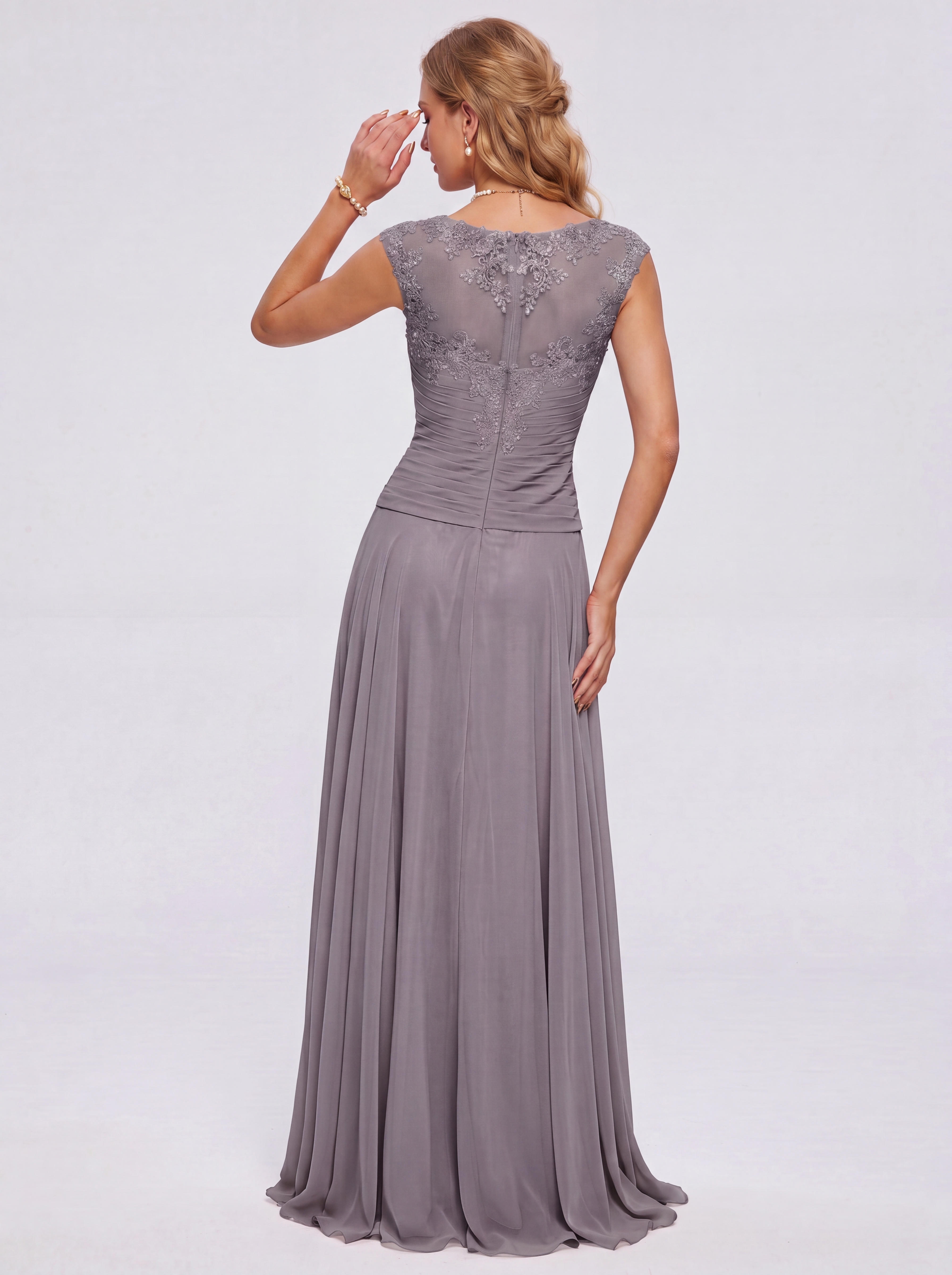 Elegant Cap Sleeve Illusion Neckline Maxi Dress - Ruched Waist Chiffon Formal Evening Gown for Wedding Guest, Bridesmaid & Prom