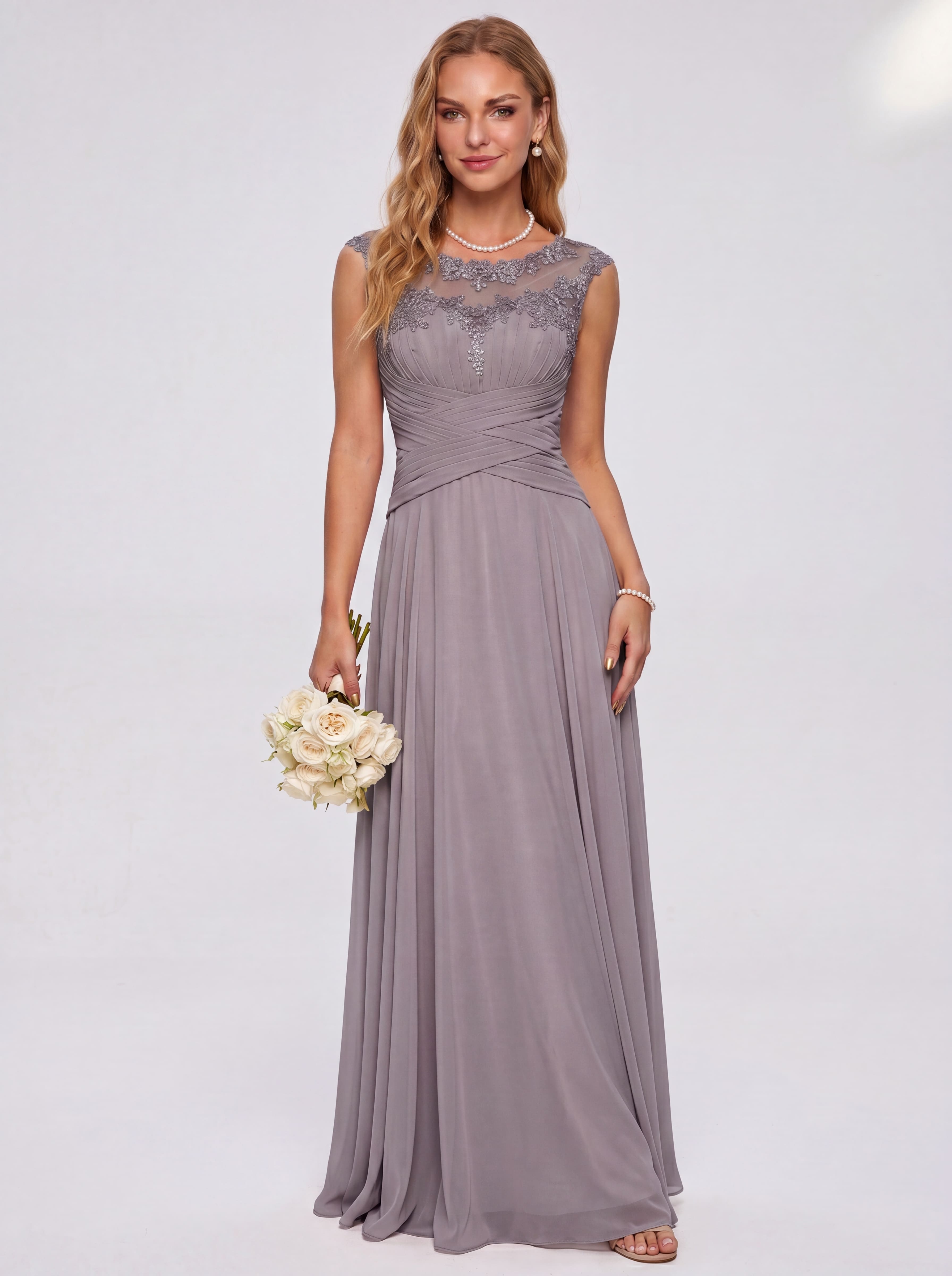 Elegant Cap Sleeve Illusion Neckline Maxi Dress - Ruched Waist Chiffon Formal Evening Gown for Wedding Guest, Bridesmaid & Prom