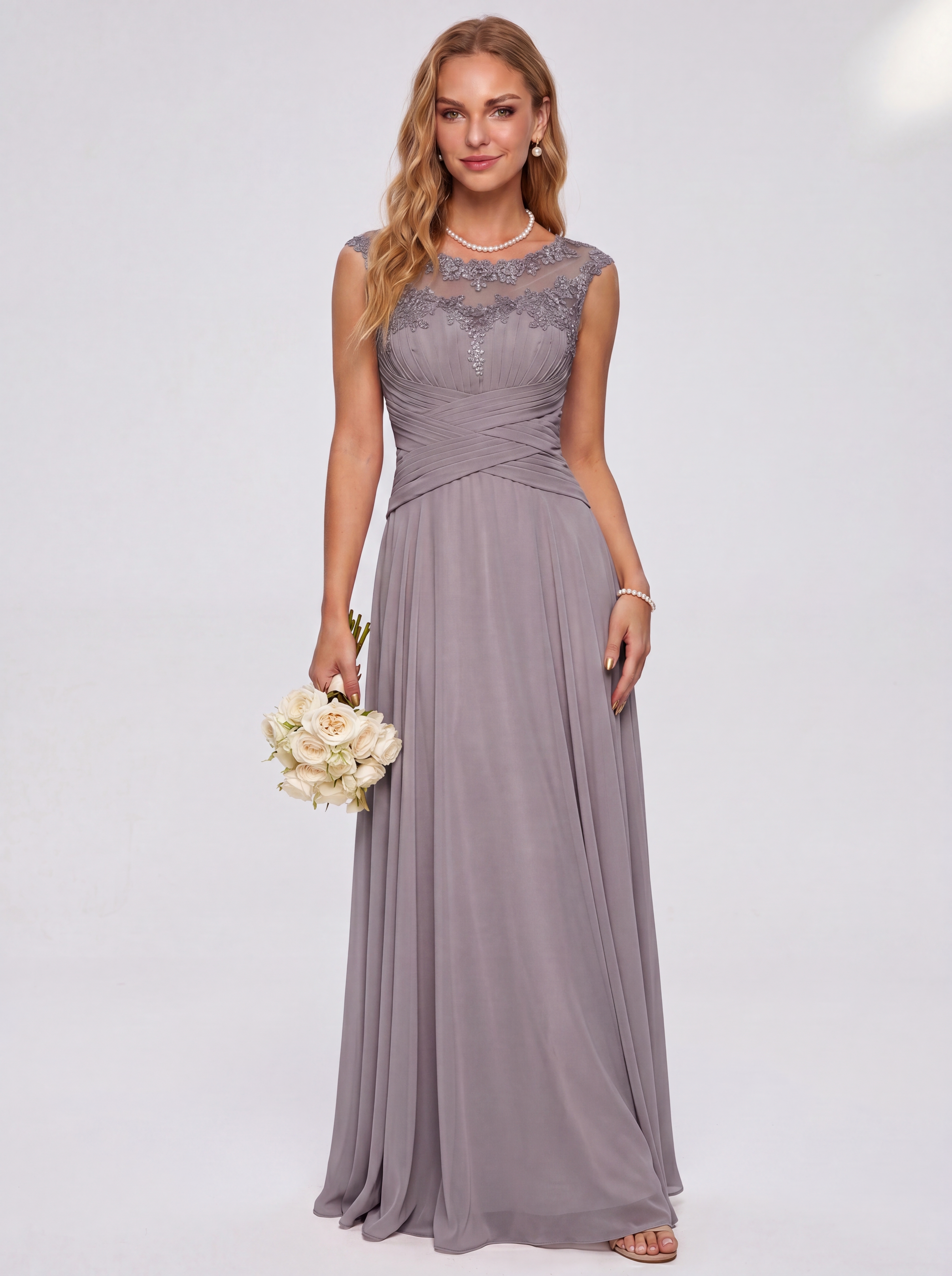 Elegant Cap Sleeve Illusion Neckline Maxi Dress - Ruched Waist Chiffon Formal Evening Gown for Wedding Guest, Bridesmaid & Prom