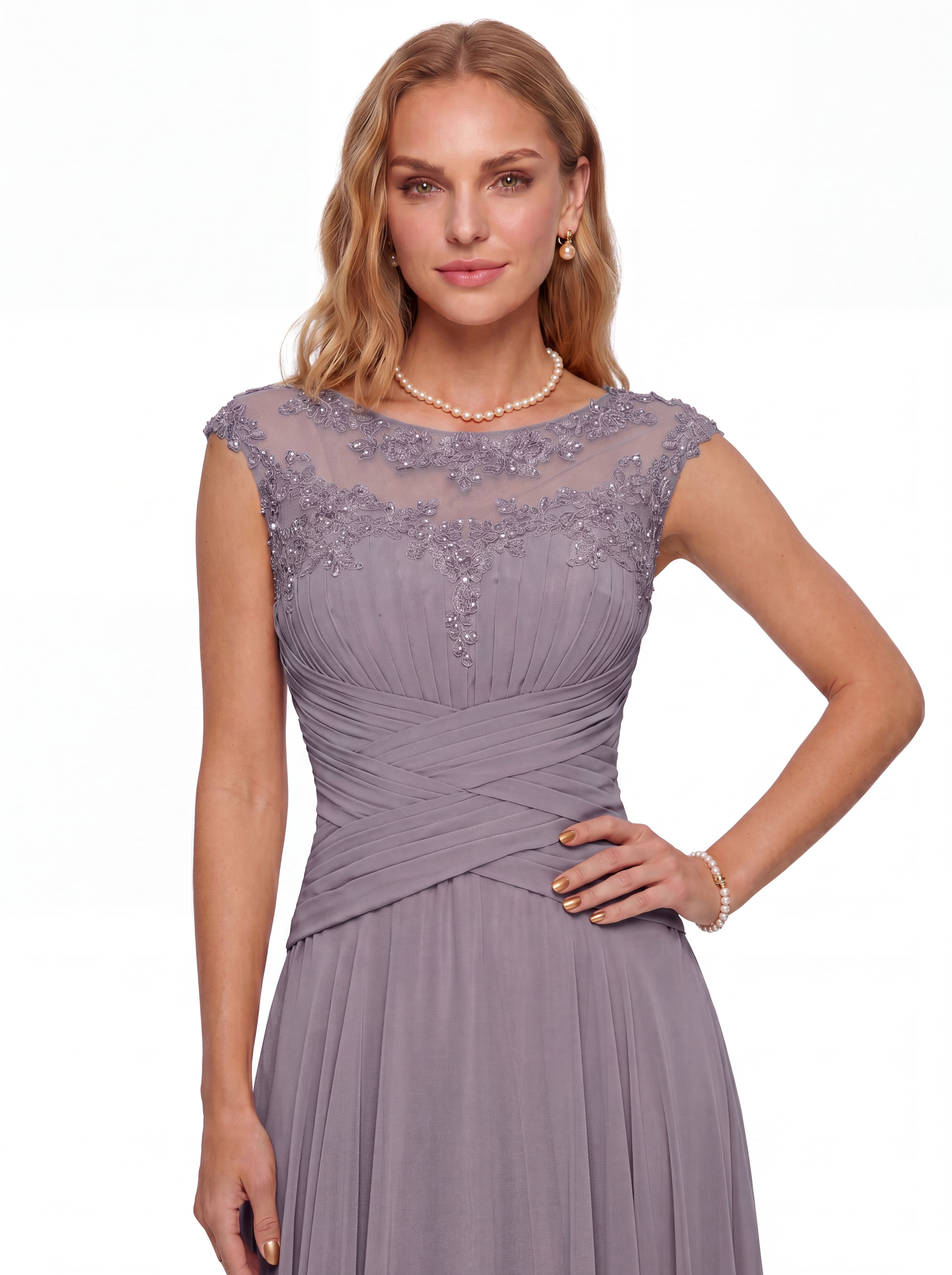 Elegant Cap Sleeve Illusion Neckline Maxi Dress - Ruched Waist Chiffon Formal Evening Gown for Wedding Guest, Bridesmaid & Prom