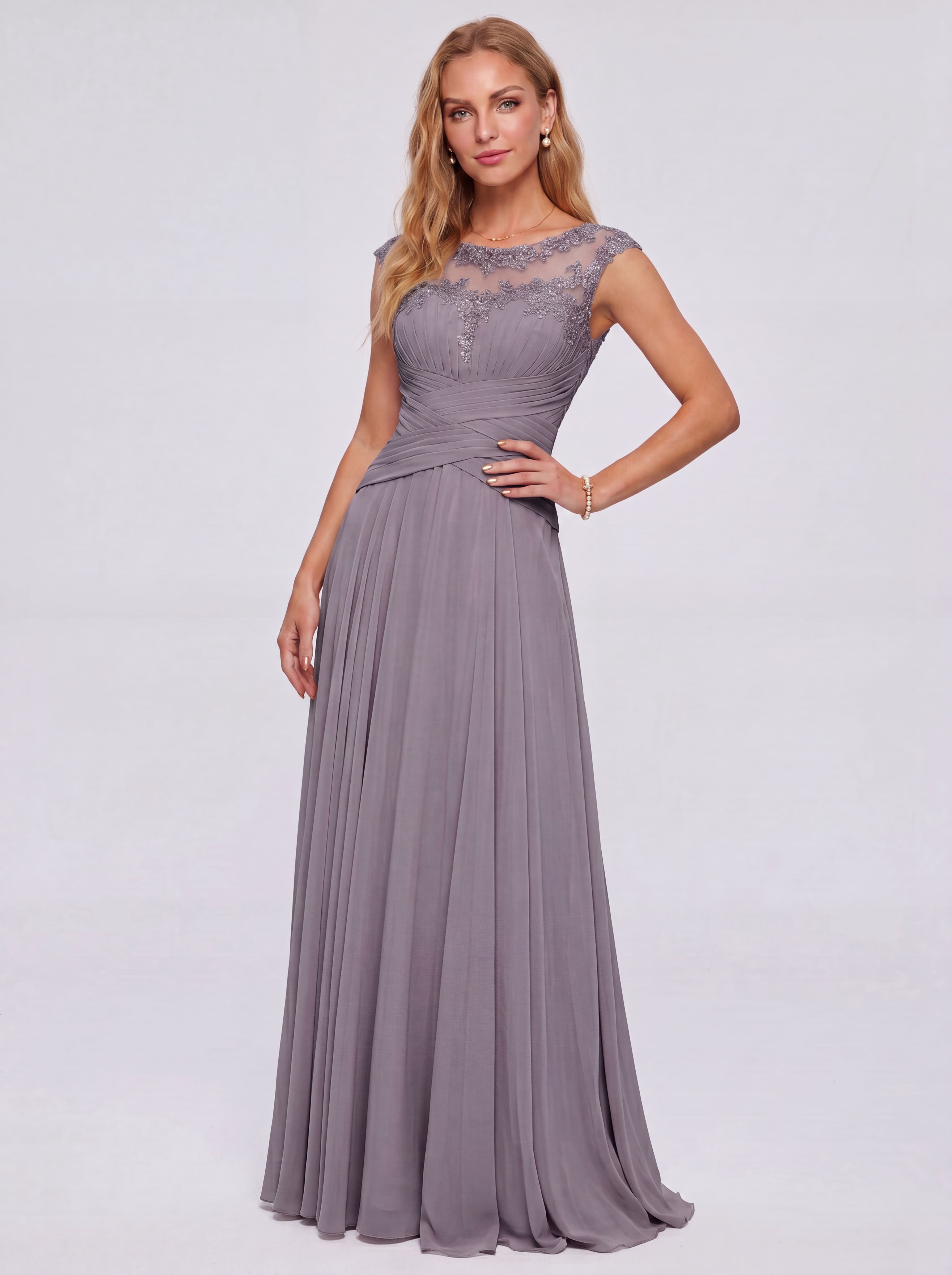 Elegant Cap Sleeve Illusion Neckline Maxi Dress - Ruched Waist Chiffon Formal Evening Gown for Wedding Guest, Bridesmaid & Prom