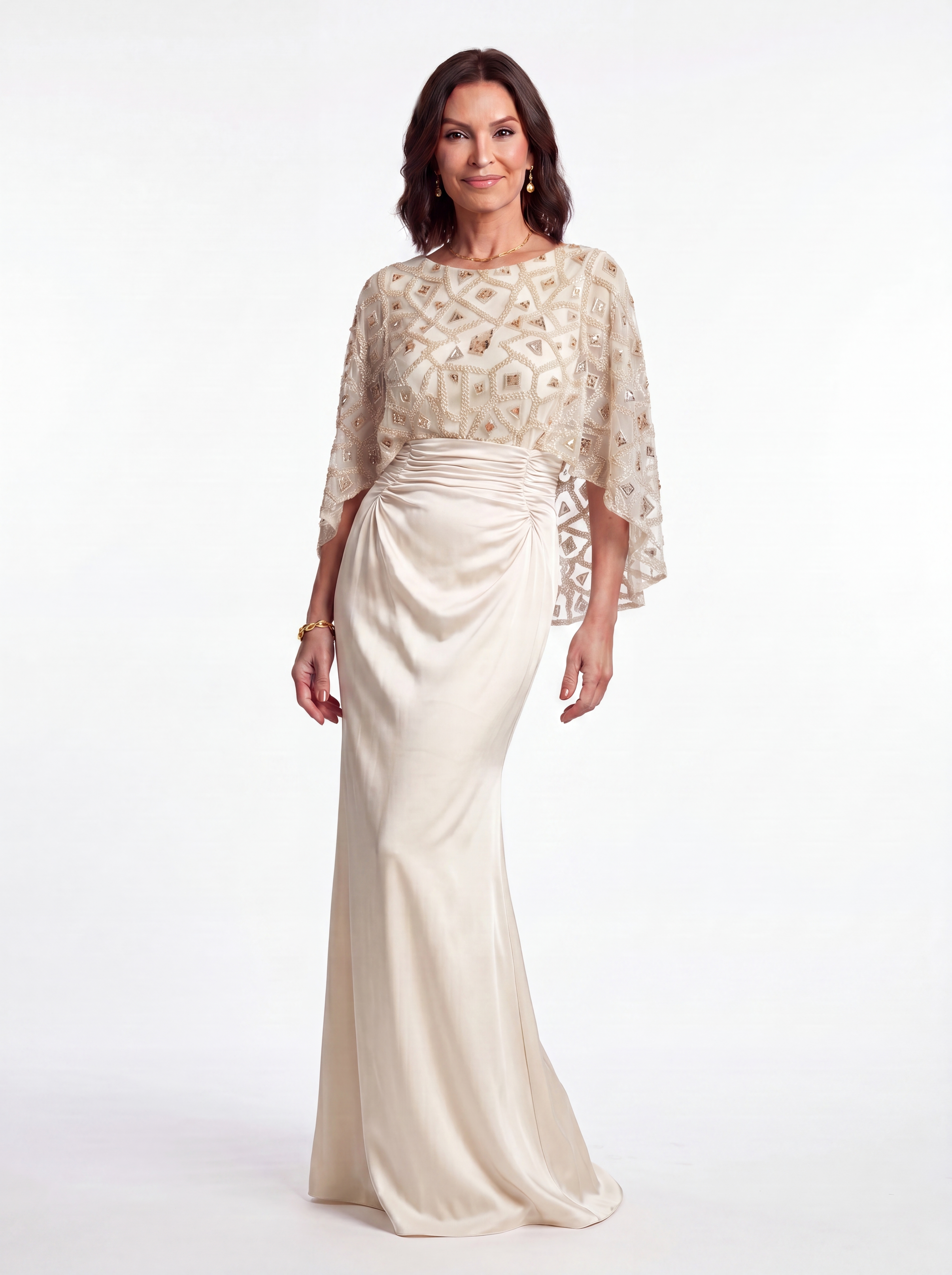 Ivory Beaded Capelet Evening Gown - Ruched Satin Soft Mermaid Grandmother of the Bride Dress
