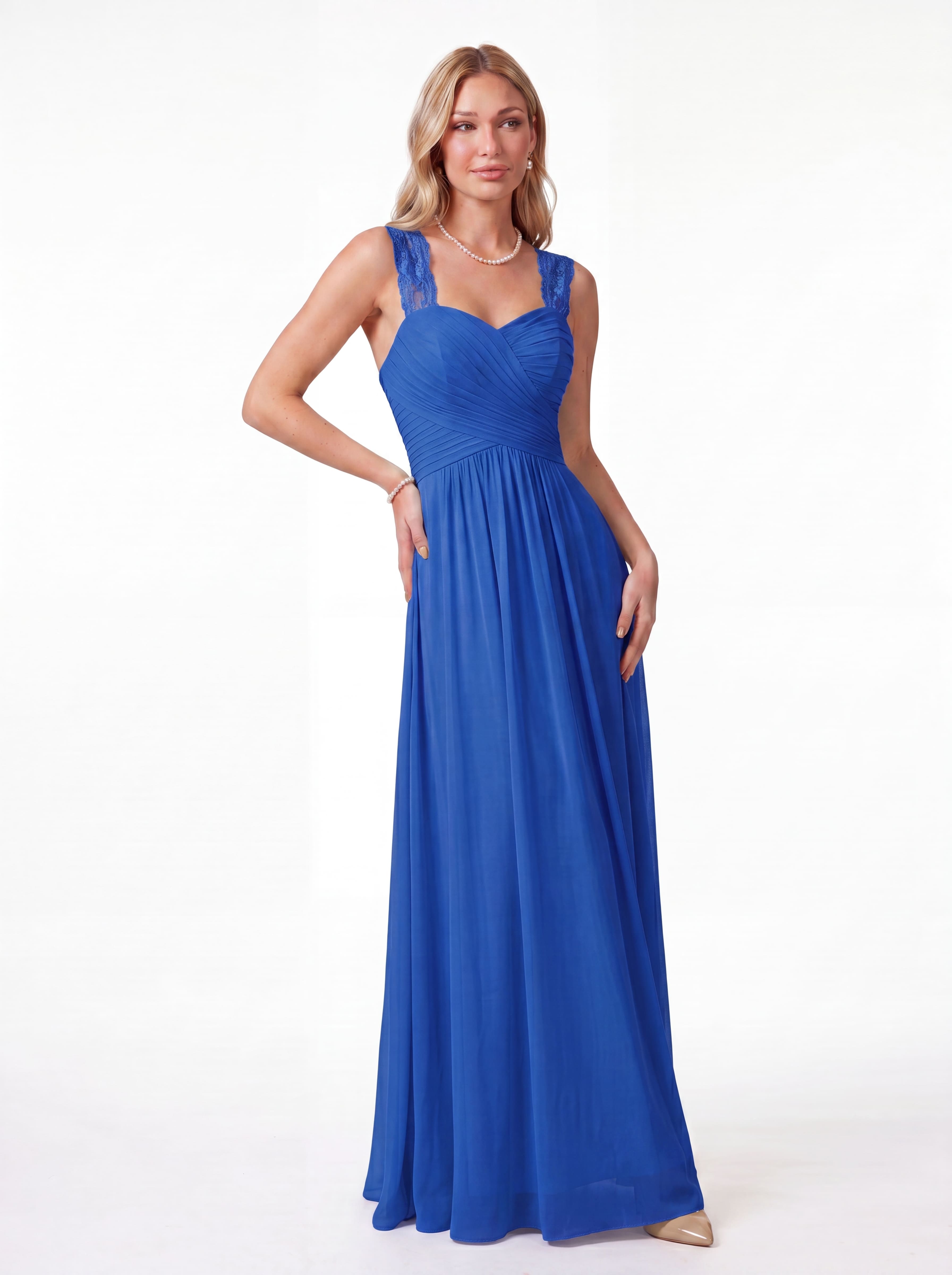 Flowing Chiffon Bridesmaid Dress - Lace Strap Ruched Sweetheart Maxi Gown with Empire Waist