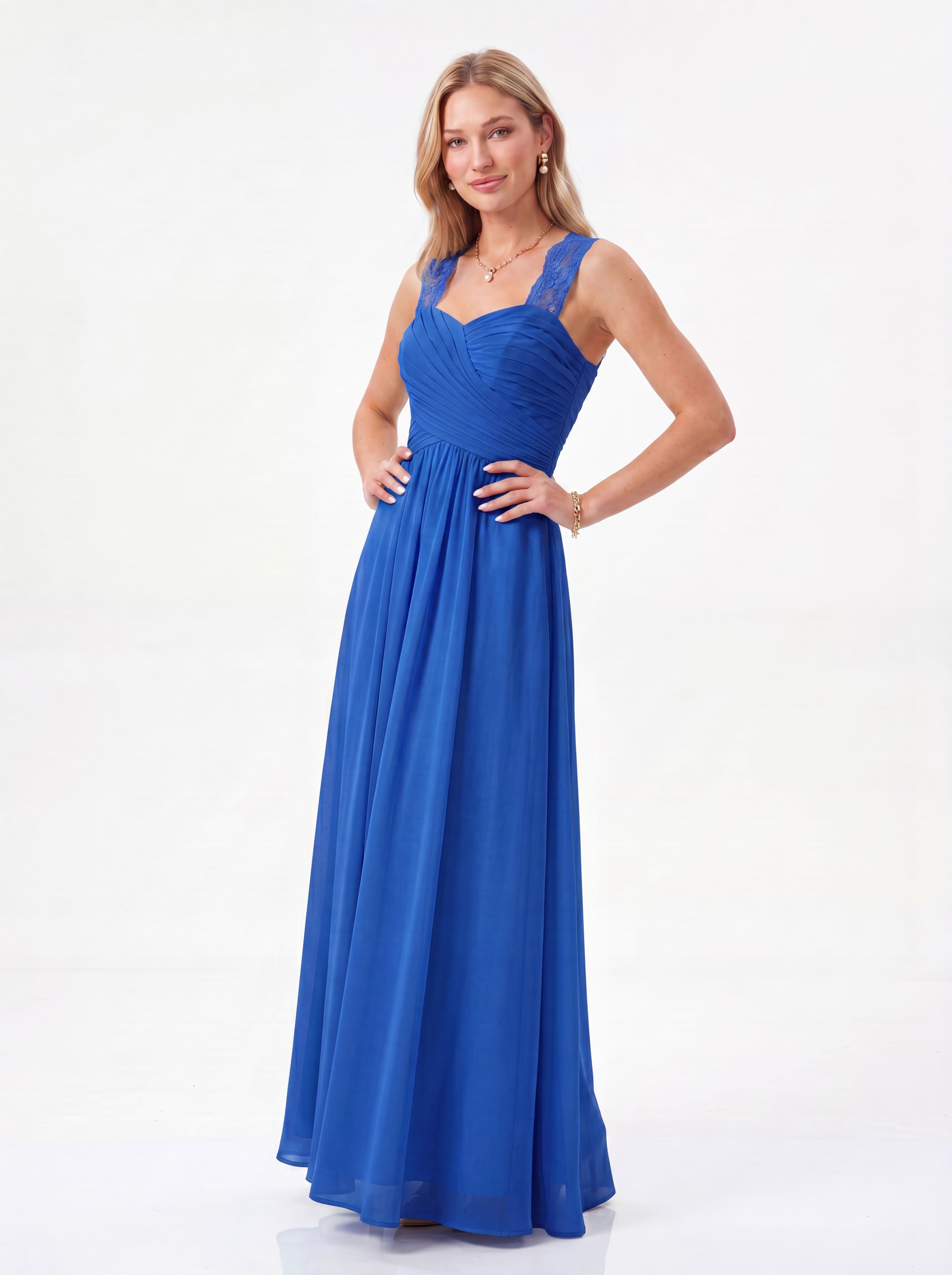 Flowing Chiffon Bridesmaid Dress - Lace Strap Ruched Sweetheart Maxi Gown with Empire Waist
