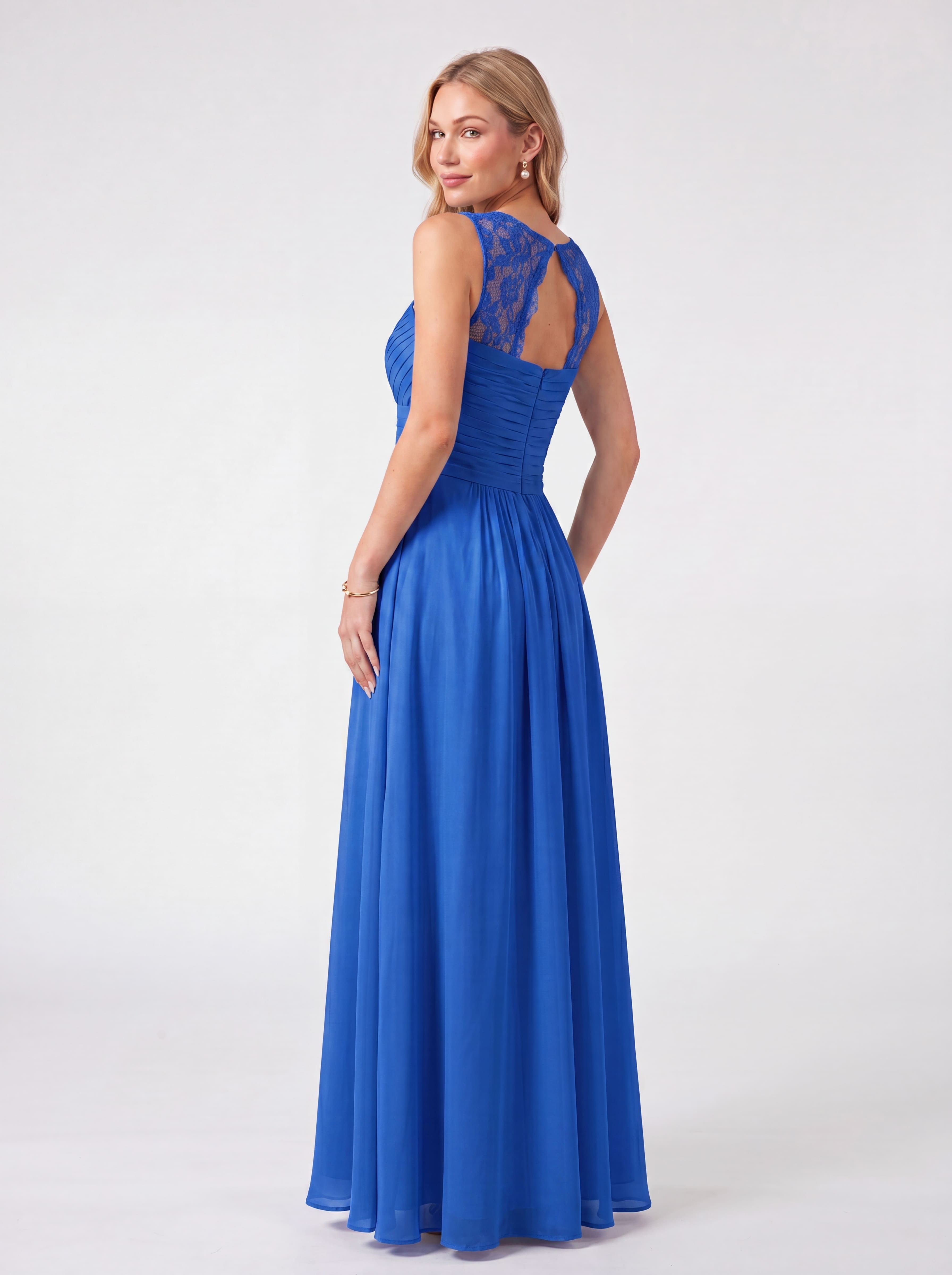 Flowing Chiffon Bridesmaid Dress - Lace Strap Ruched Sweetheart Maxi Gown with Empire Waist