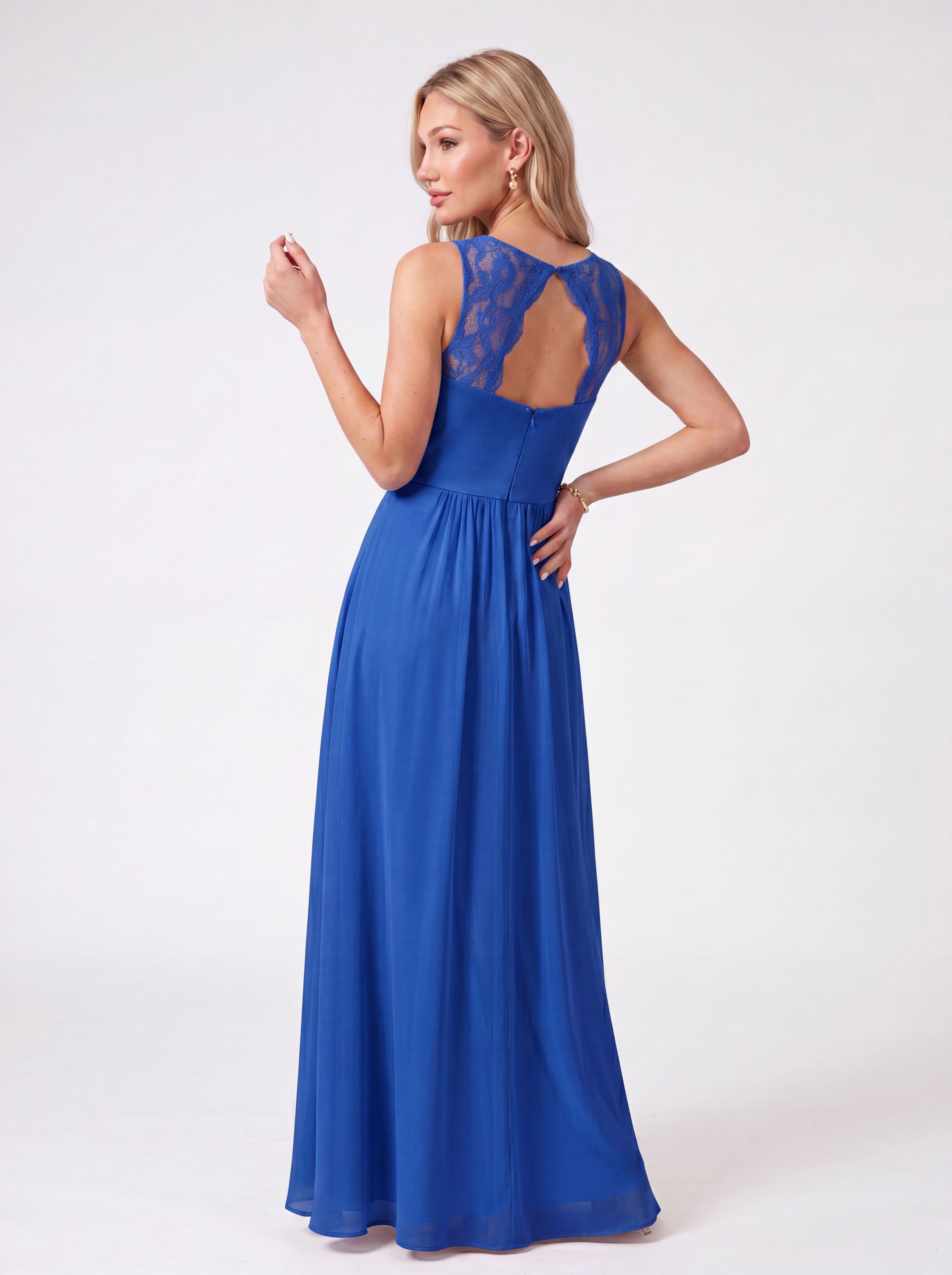 Flowing Chiffon Bridesmaid Dress - Lace Strap Ruched Sweetheart Maxi Gown with Empire Waist