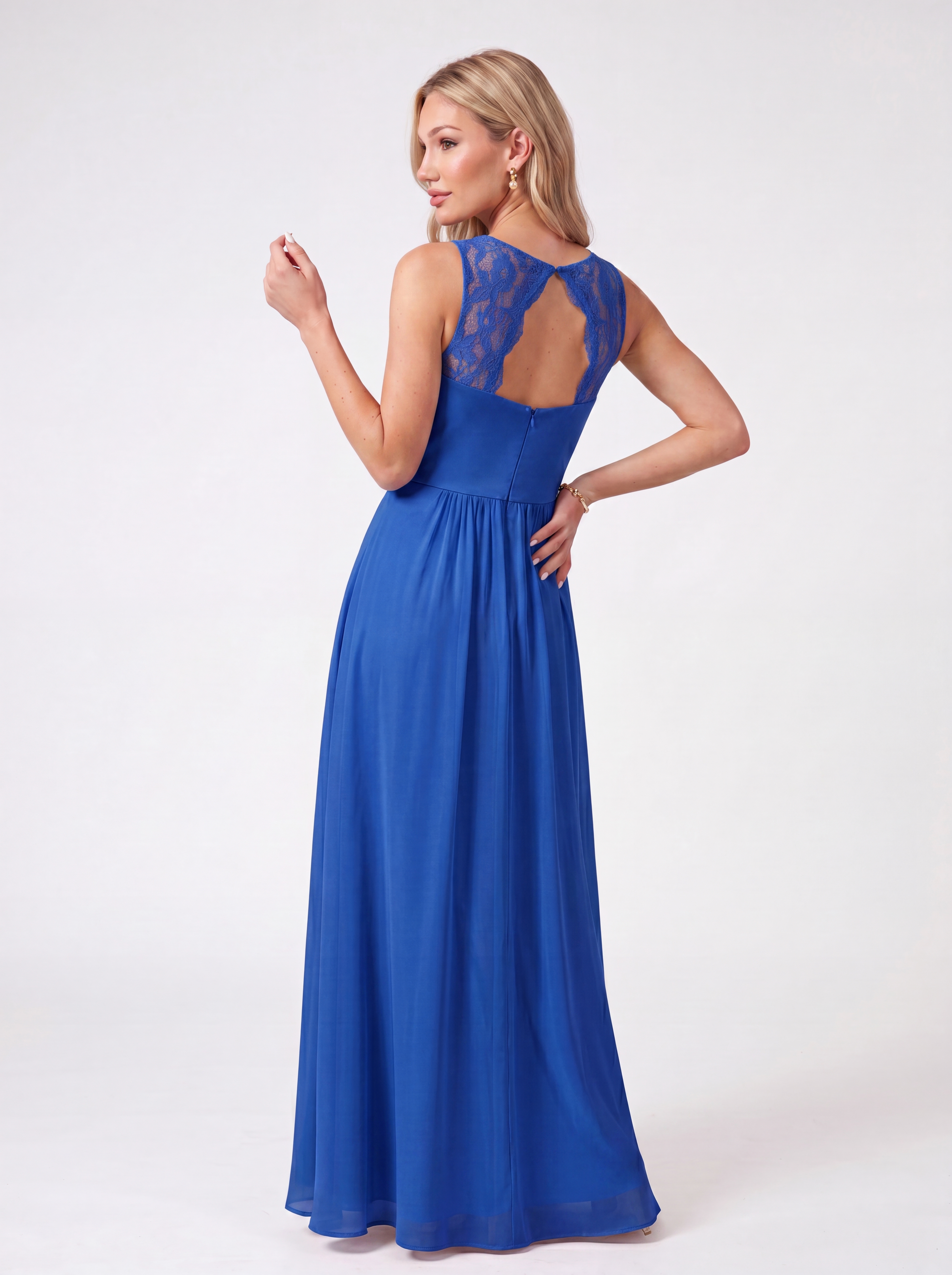 Flowing Chiffon Bridesmaid Dress - Lace Strap Ruched Sweetheart Maxi Gown with Empire Waist