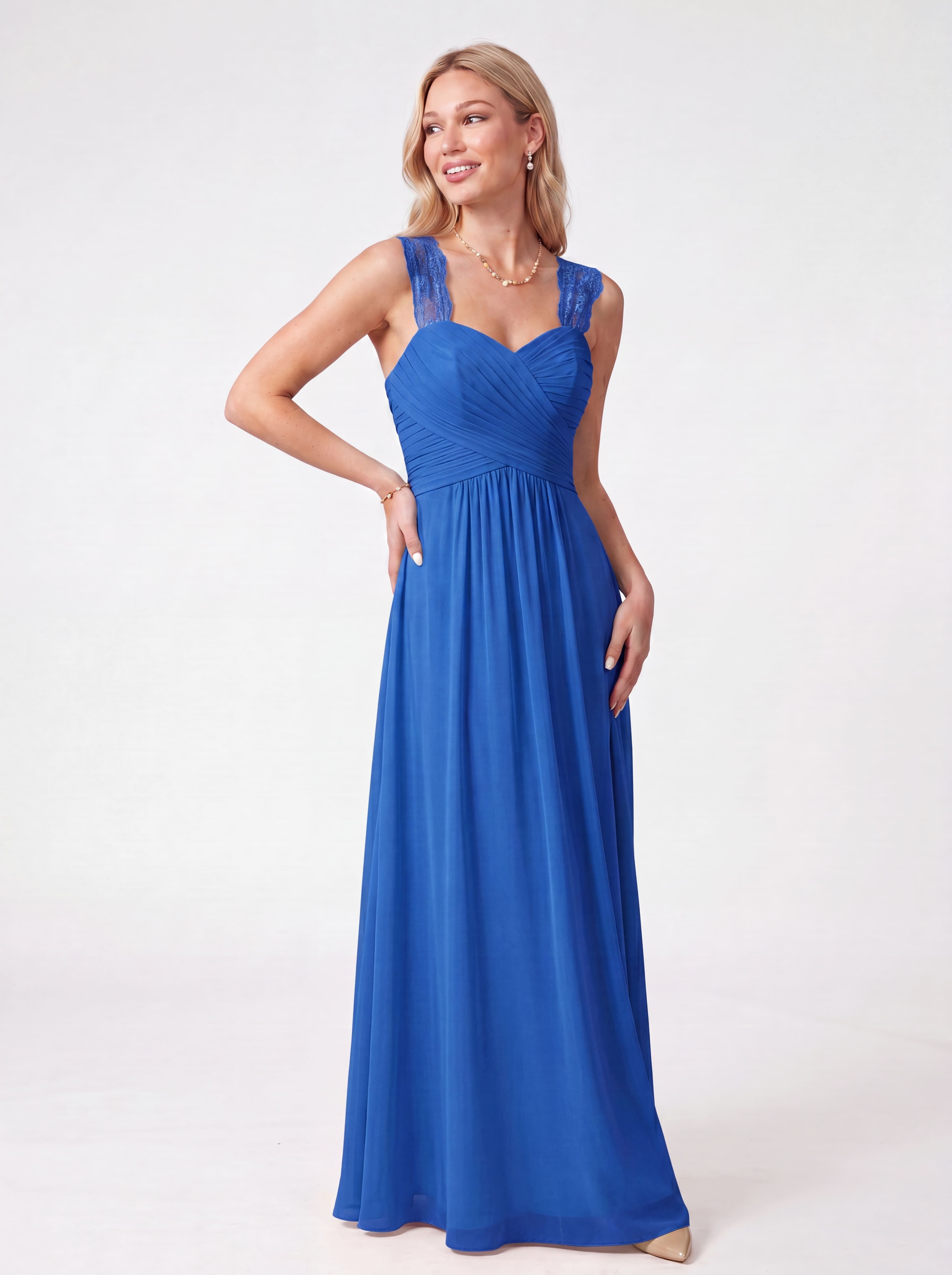 Flowing Chiffon Bridesmaid Dress - Lace Strap Ruched Sweetheart Maxi Gown with Empire Waist