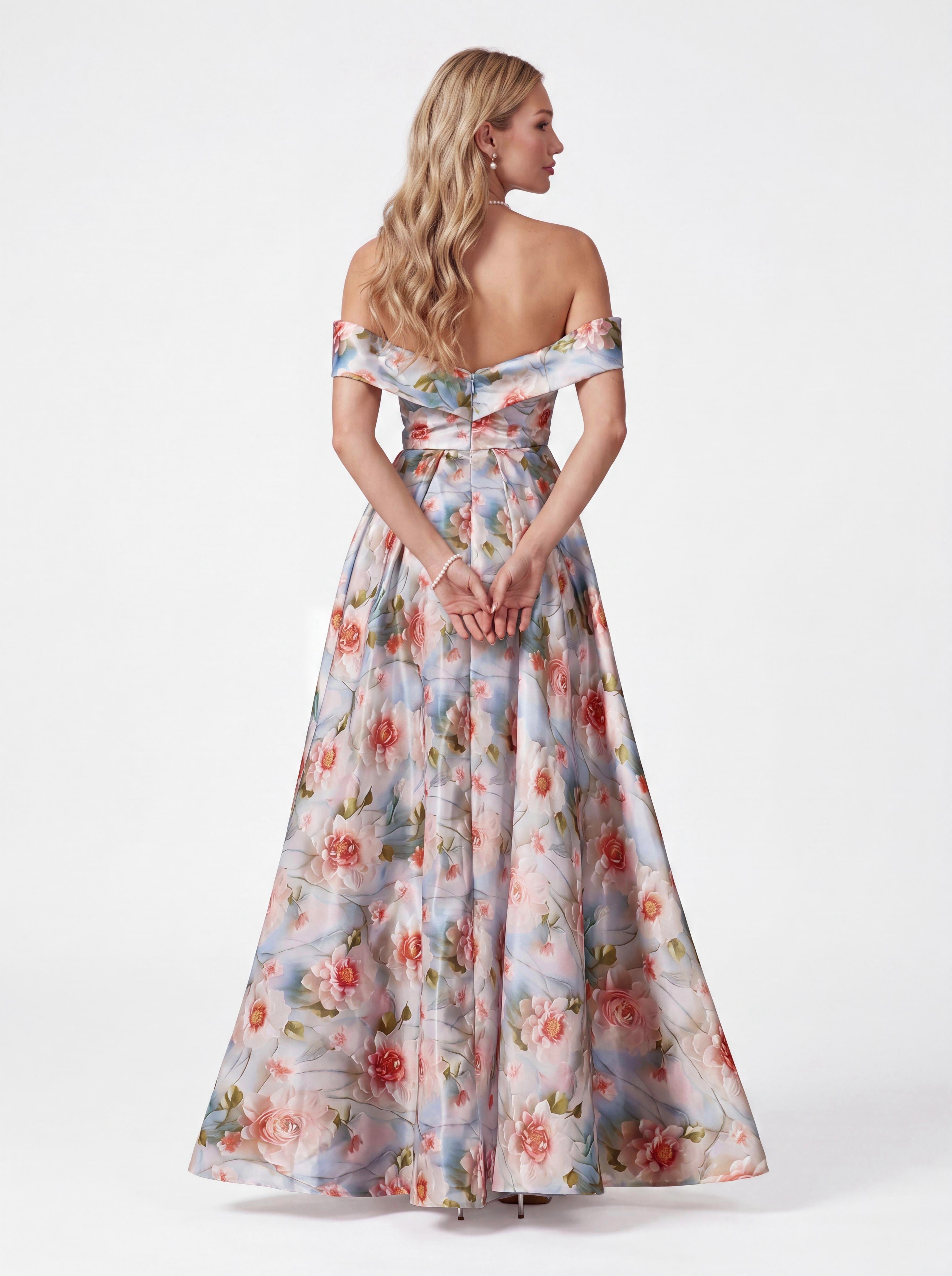 Vintage Floral Off-The-Shoulder Evening Gown - Pleated A-Line Prom Dress & Spring Wedding Guest Maxi