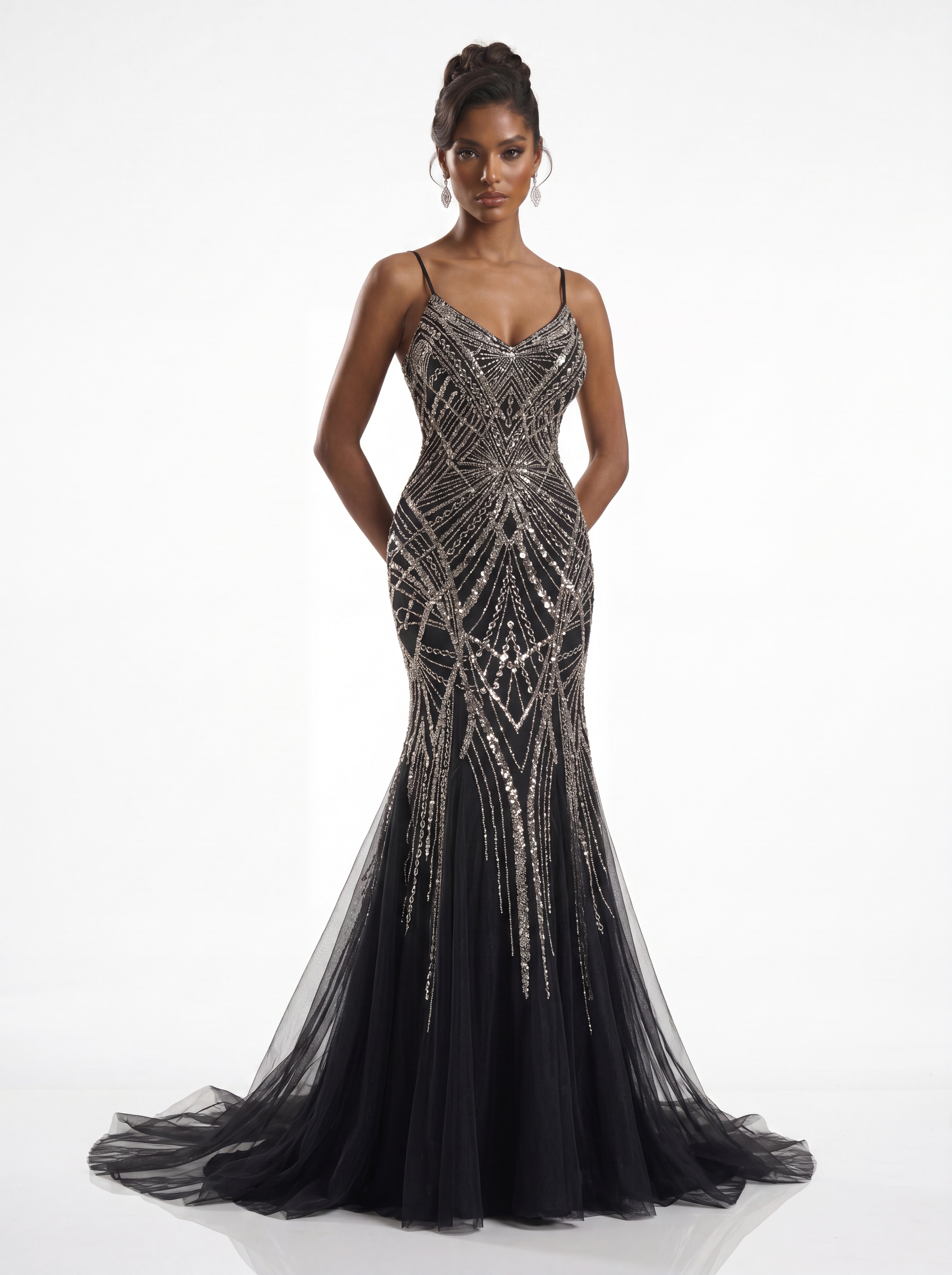 Black Art Deco Crystal Beaded Mermaid Evening Gown - Spaghetti Strap Tulle Prom Dress & Formal Gala Maxi