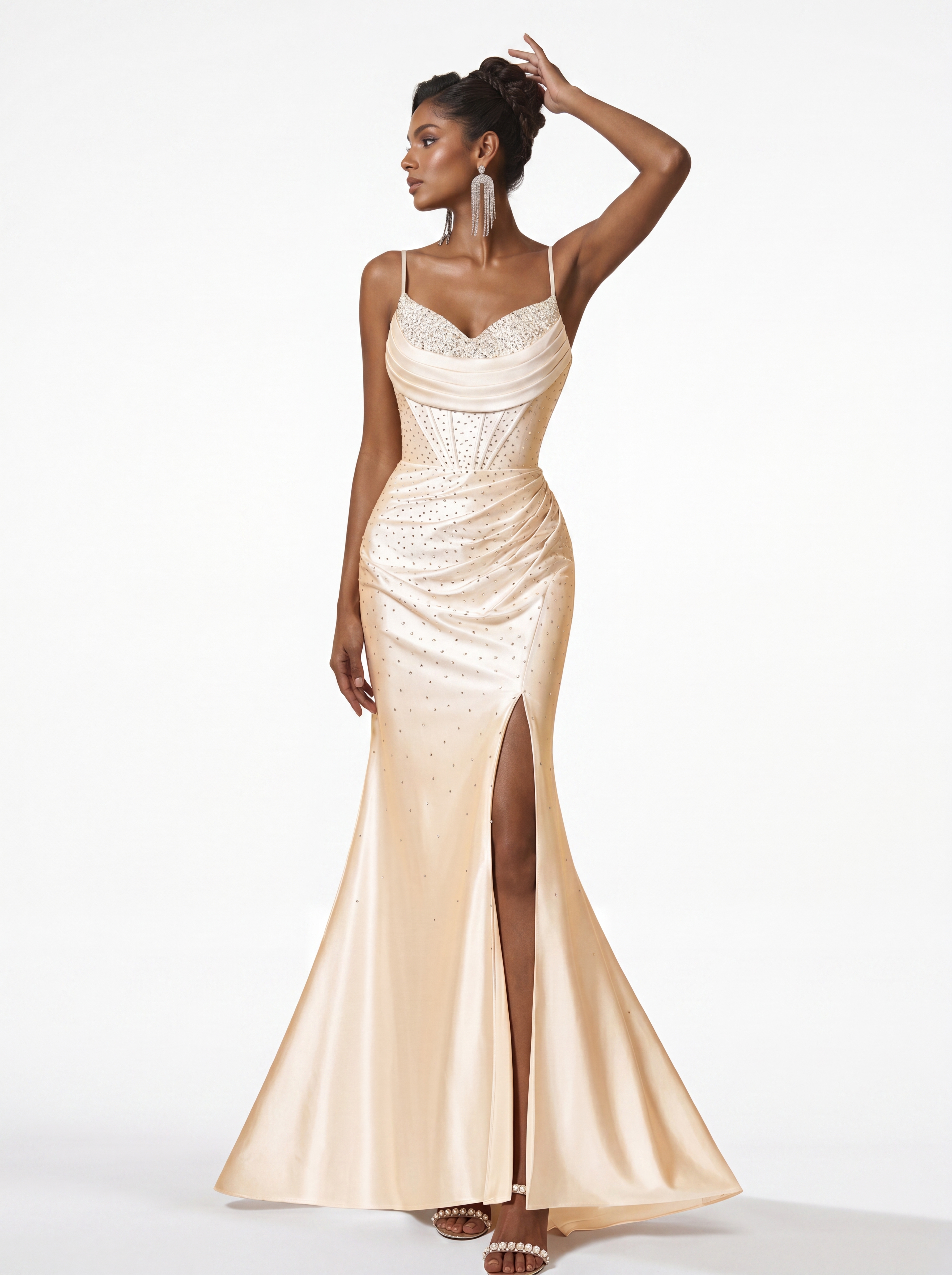Champagne Satin Rhinestone Mermaid Prom Dress - Ruched Corset Evening Gown with High Slit