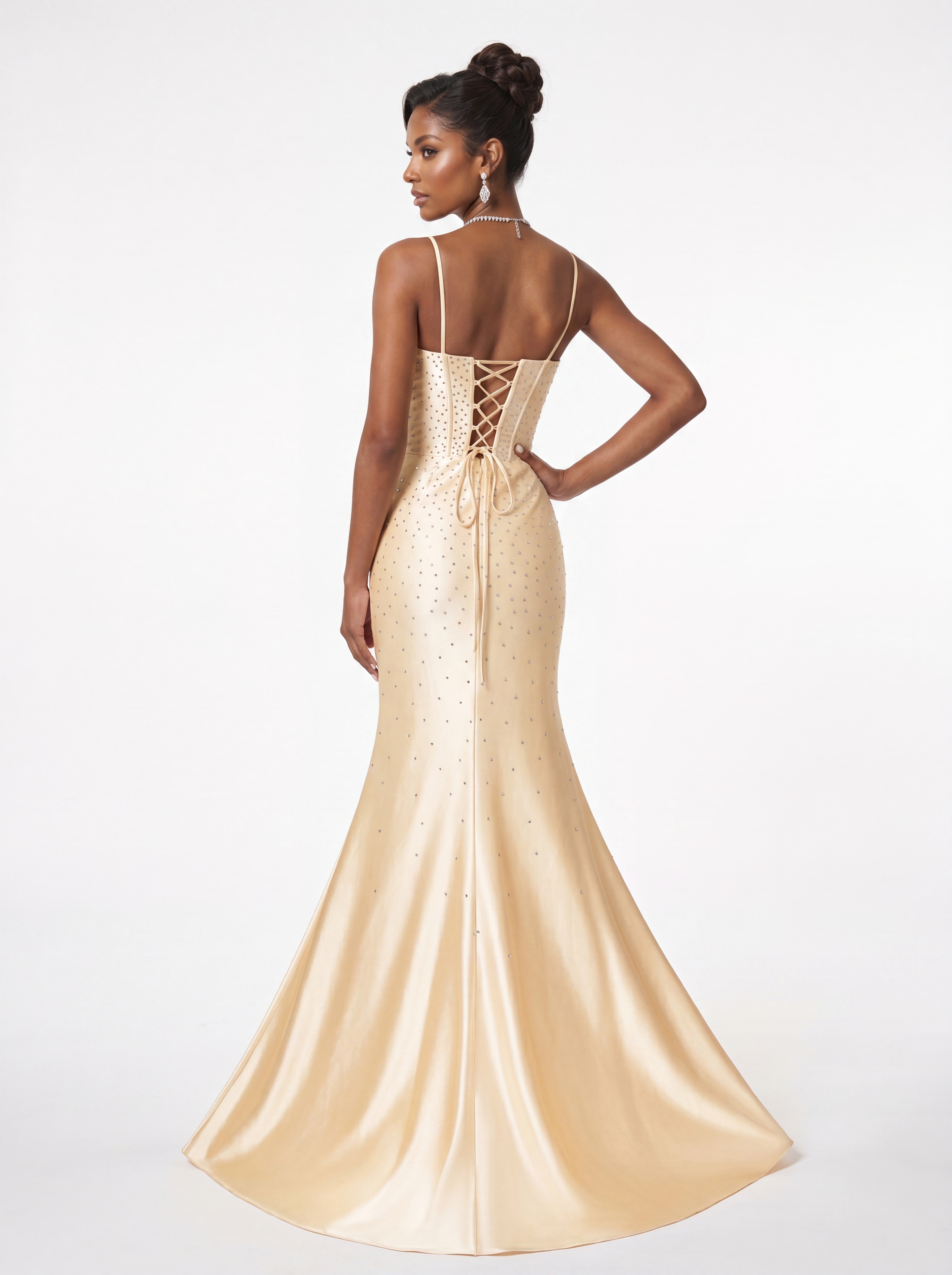 Champagne Satin Rhinestone Mermaid Prom Dress - Ruched Corset Evening Gown with High Slit