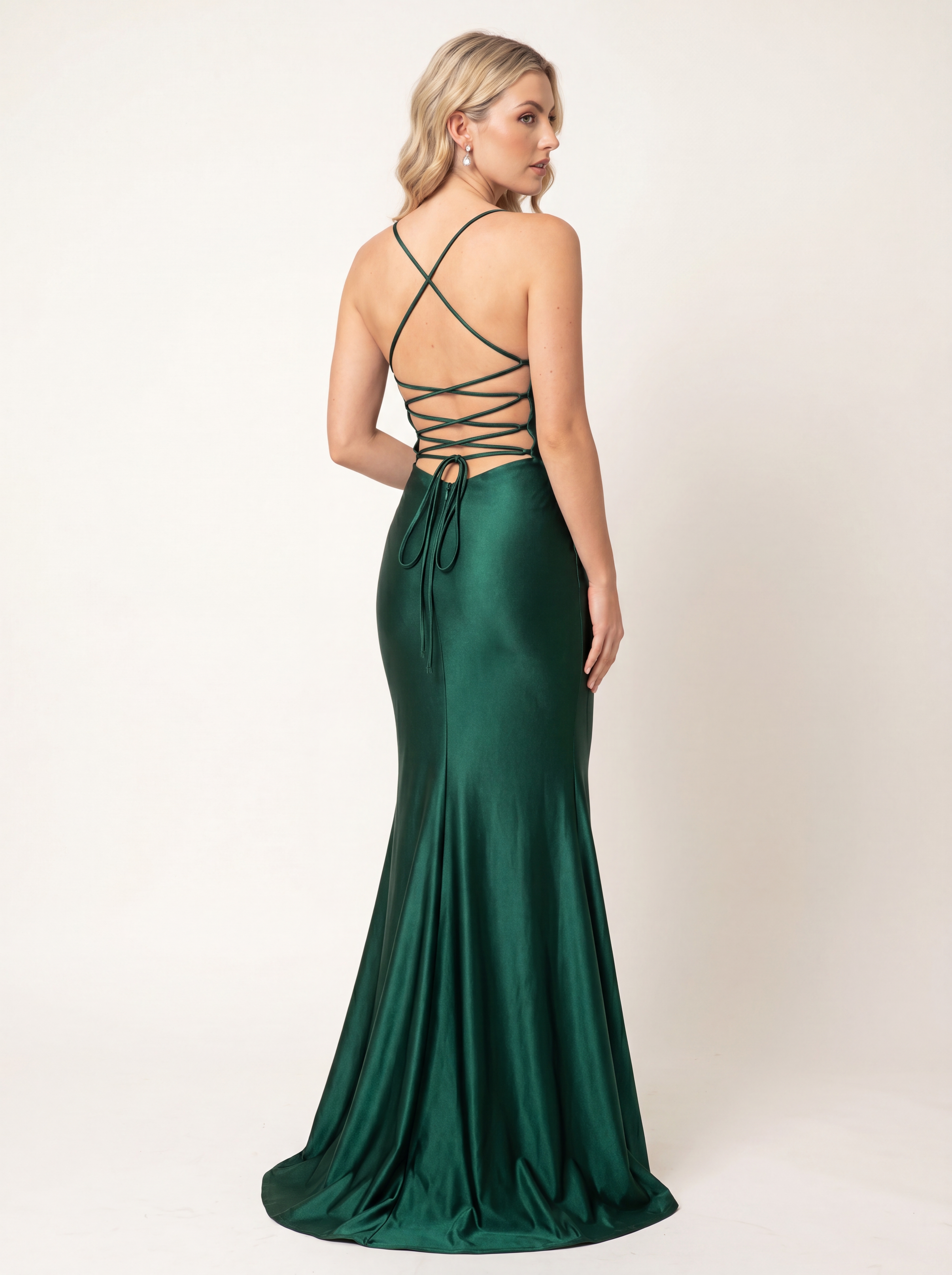 Emerald Green Satin Mermaid Prom Dress - Illusion V-Neck Evening Gown with Asymmetrical Sheer Rhinestone Panel