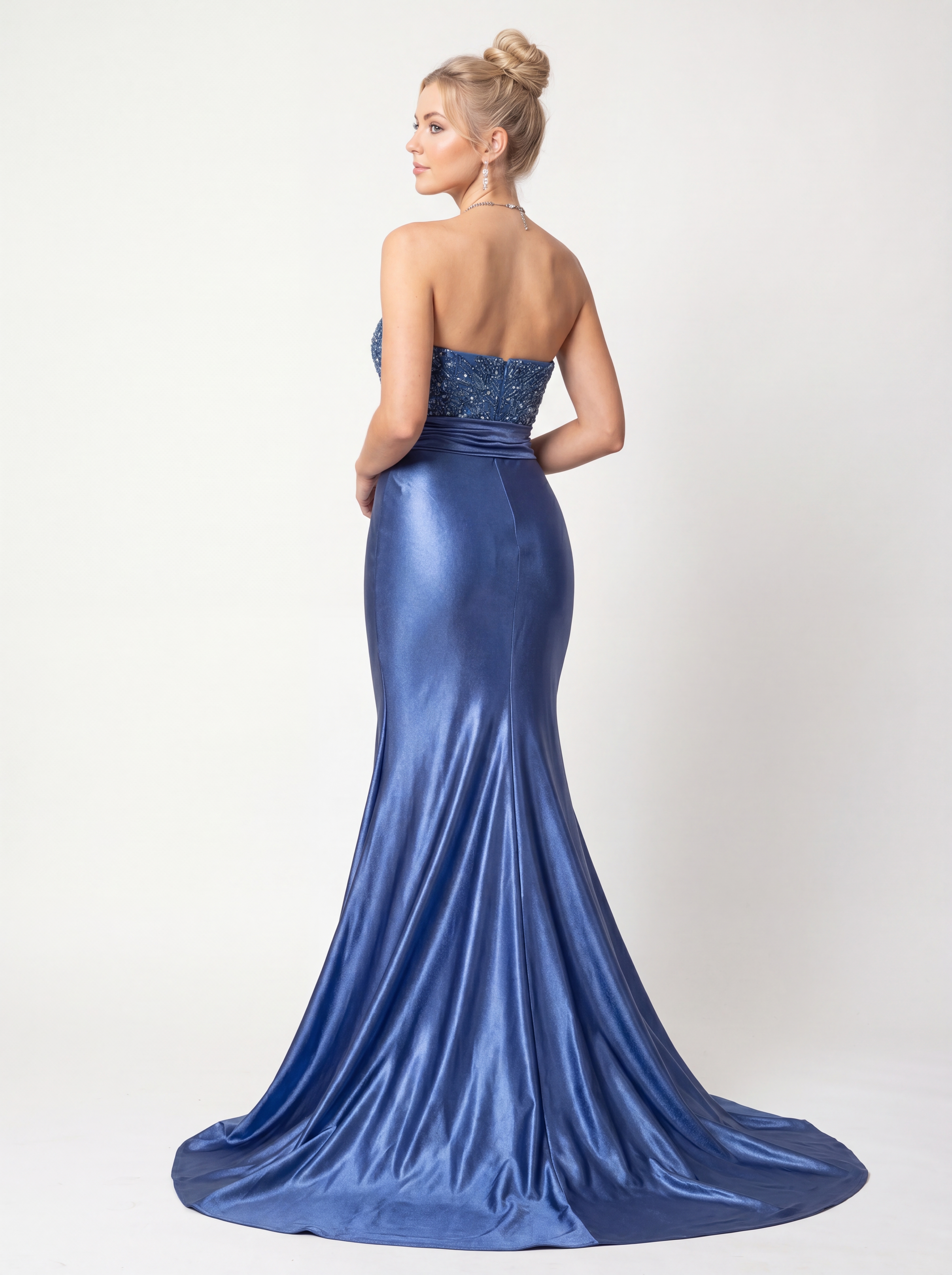 Elegant Sapphire Blue Sequin Strapless Mermaid Evening Gown | High Slit Satin Formal Dress for Prom & Gala