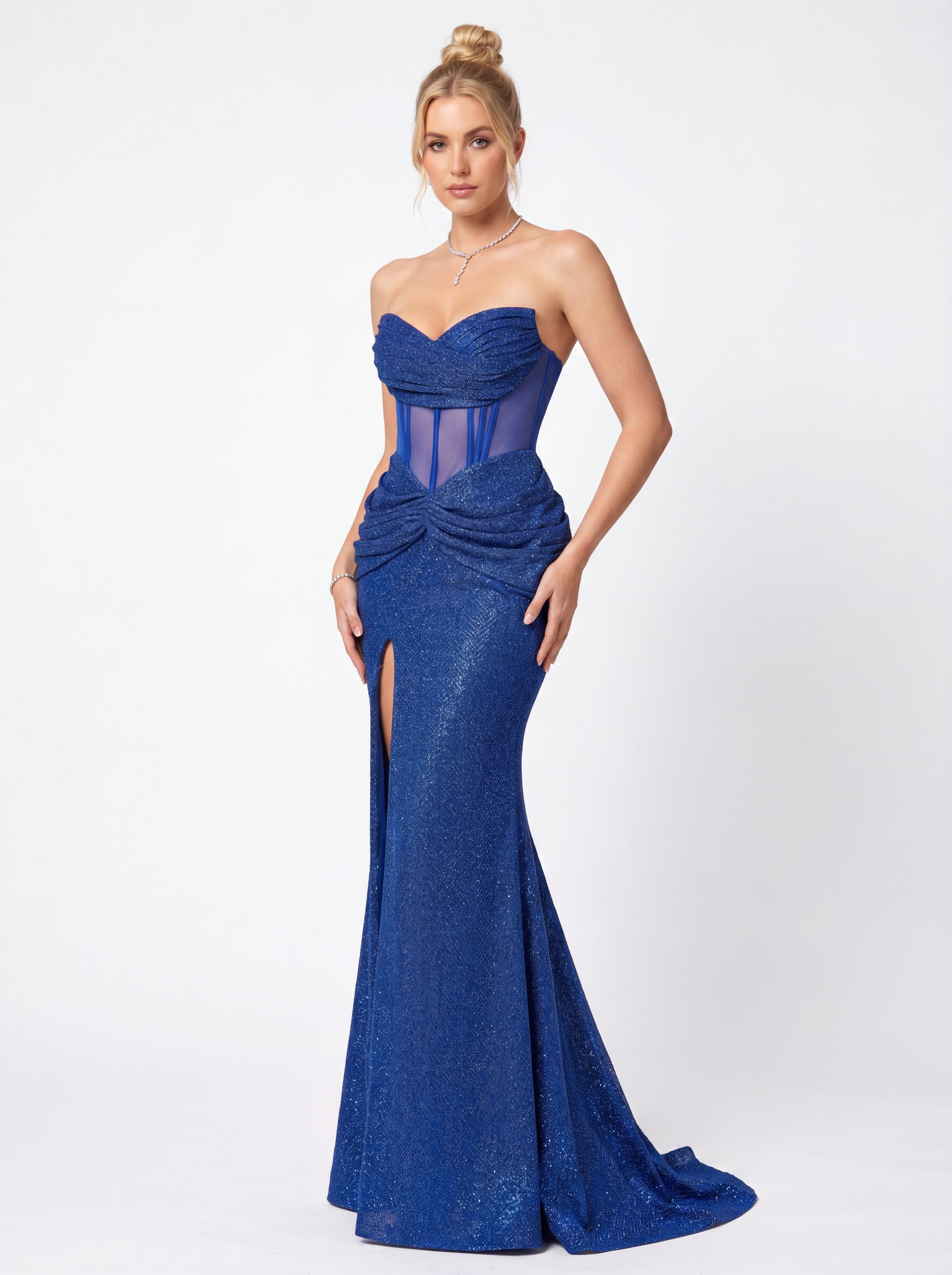 Royal Blue Glitter Mermaid Prom Dress - Strapless Sheer Corset Evening Gown with Ruched Hips & High Slit