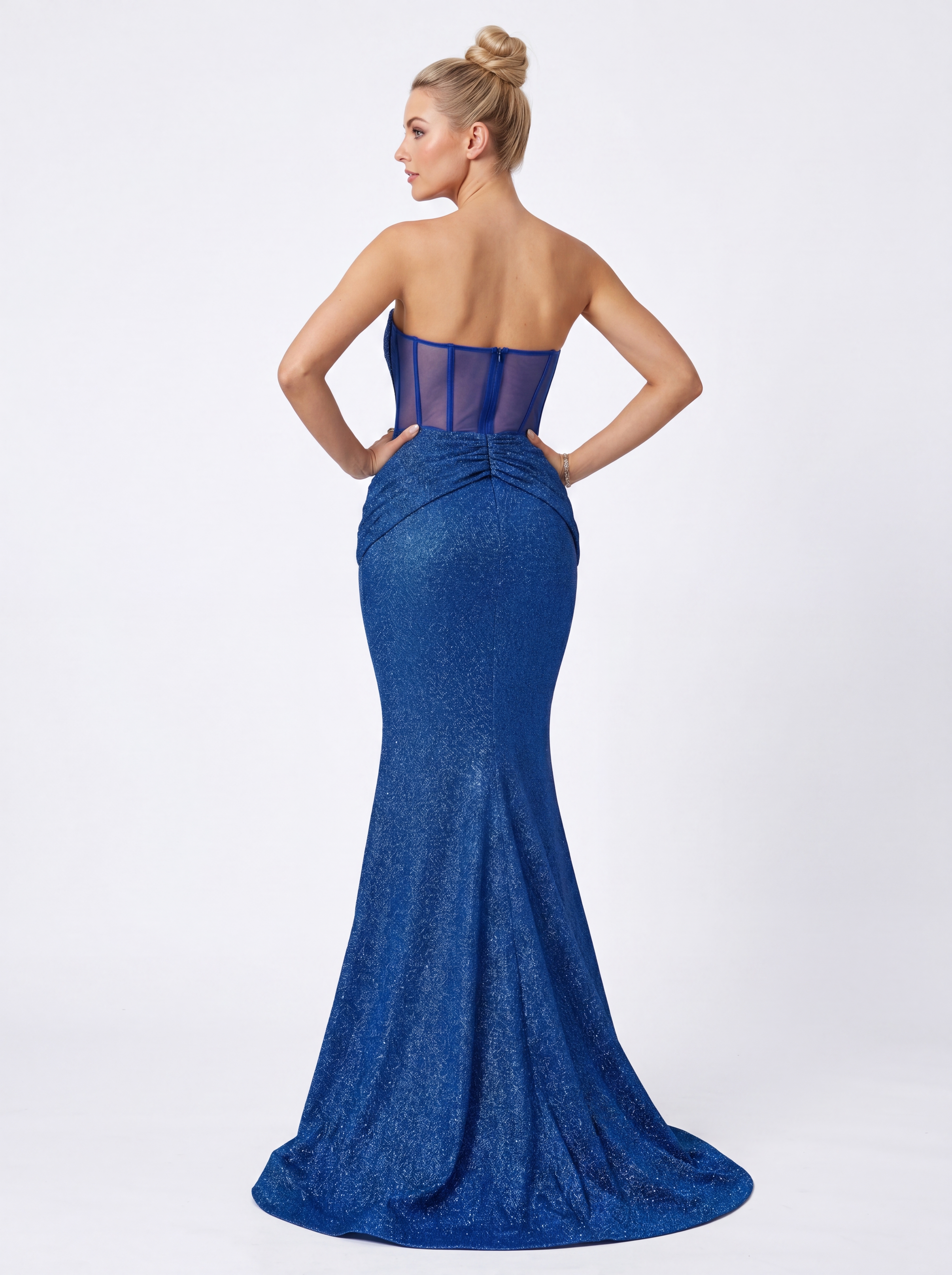 Royal Blue Glitter Mermaid Prom Dress - Strapless Sheer Corset Evening Gown with Ruched Hips & High Slit
