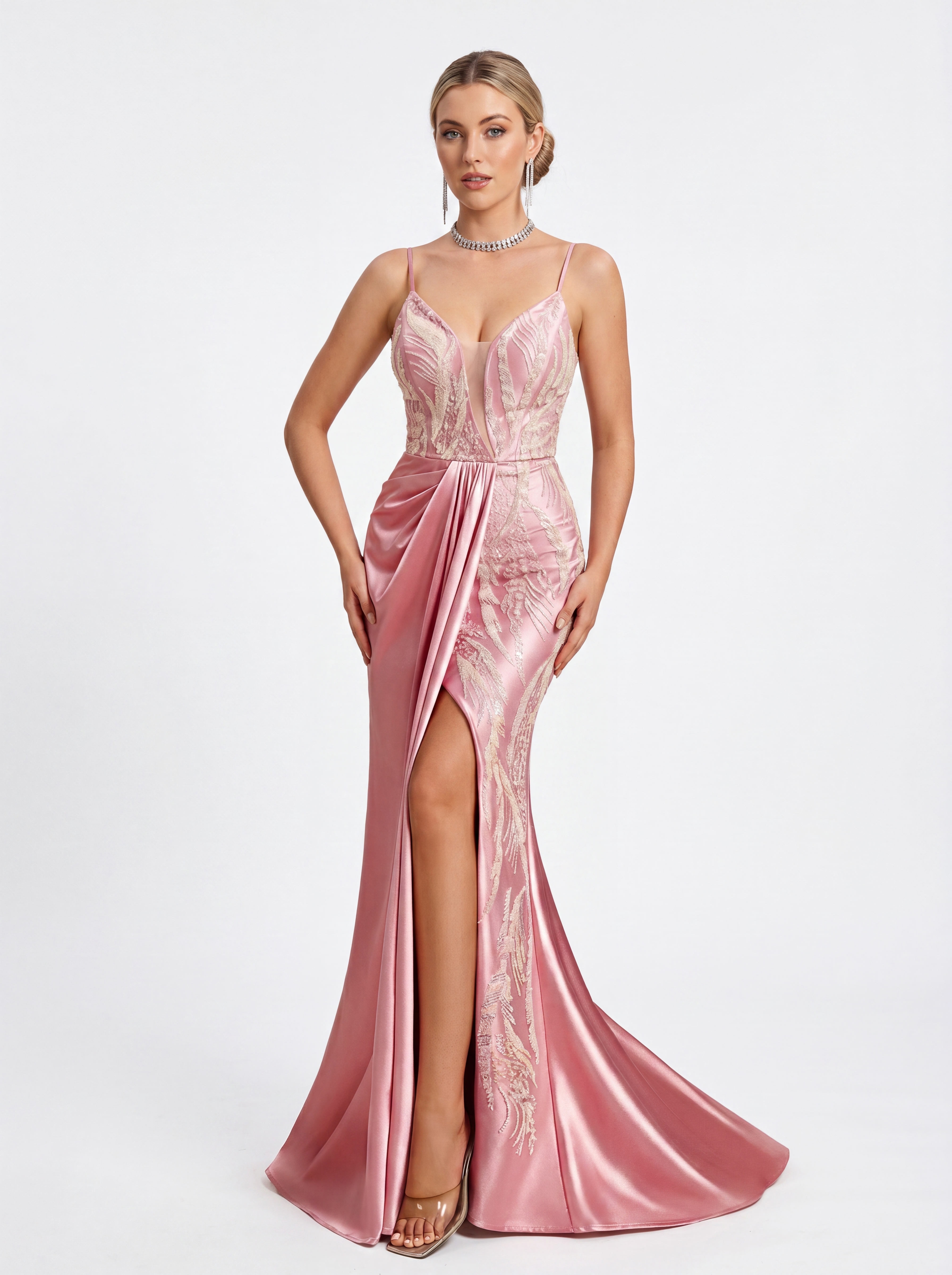 Blush Pink Beaded Satin Mermaid Evening Gown - Asymmetrical Draped Prom Dress with Illusion V-Neck & High Slit